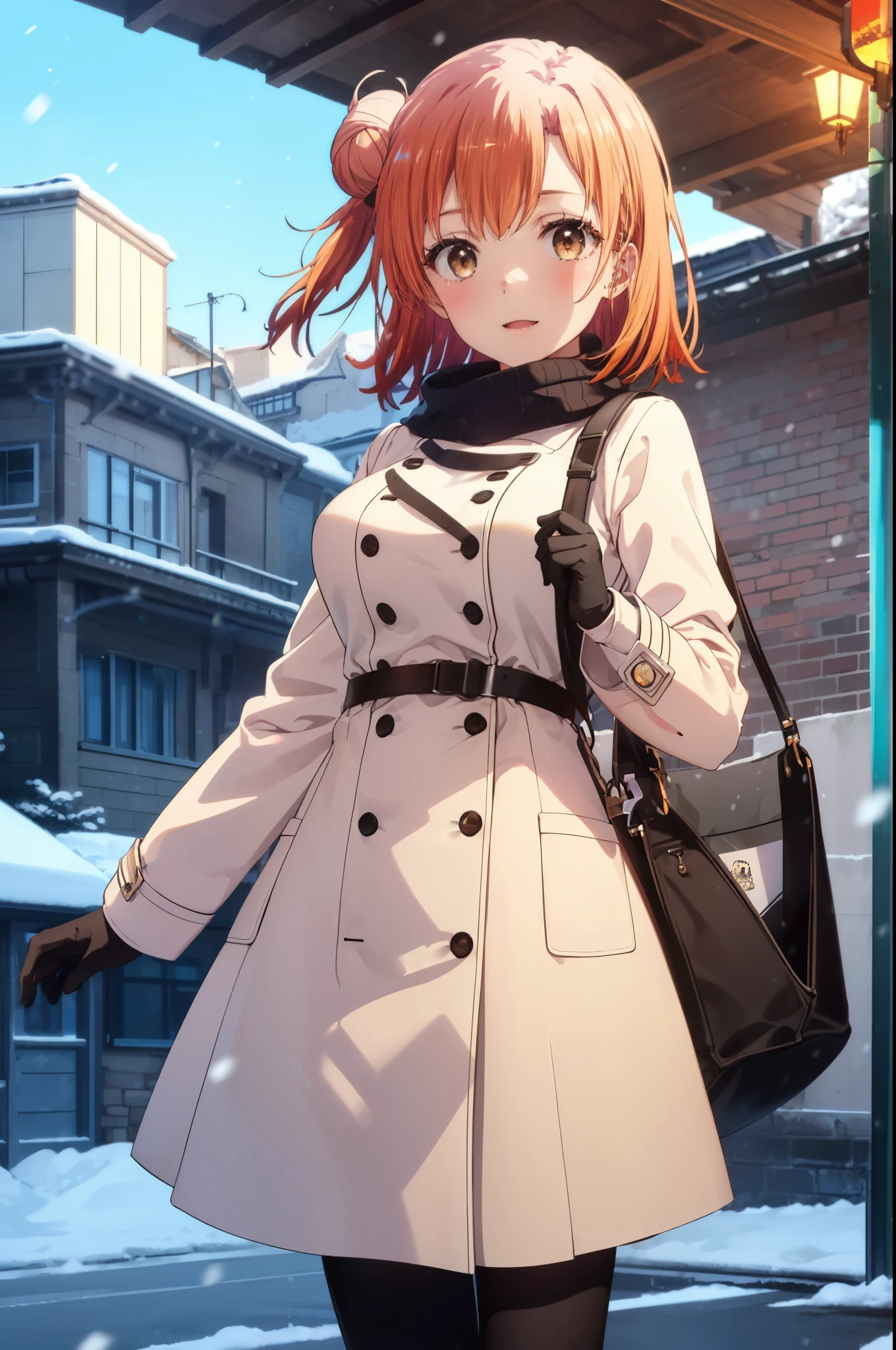 yuiyuigahama, yui yuigahama, long hair, (brown eyes:1.5), (orange hair:1.2), bun hair, single bun hair, open your mouth,smile, (big breasts:1.2),pink long coat　There is an open front,red muffler,white sweater,long skirt,black pantyhose,short boots,Chunky gloves,It&#39;s snowing,snow is falling,winter,cold sky,
break outdoors,In town ,building street,
break looking at viewer　looking up from below, (cowboy shot:1.5),
break (masterpiece:1.2), highest quality, High resolution, unity 8k wallpaper, (figure:0.8), (detailed and beautiful eyes:1.6), highly detailed face, perfect lighting, Very detailed CG, (perfect hands, perfect anatomy),