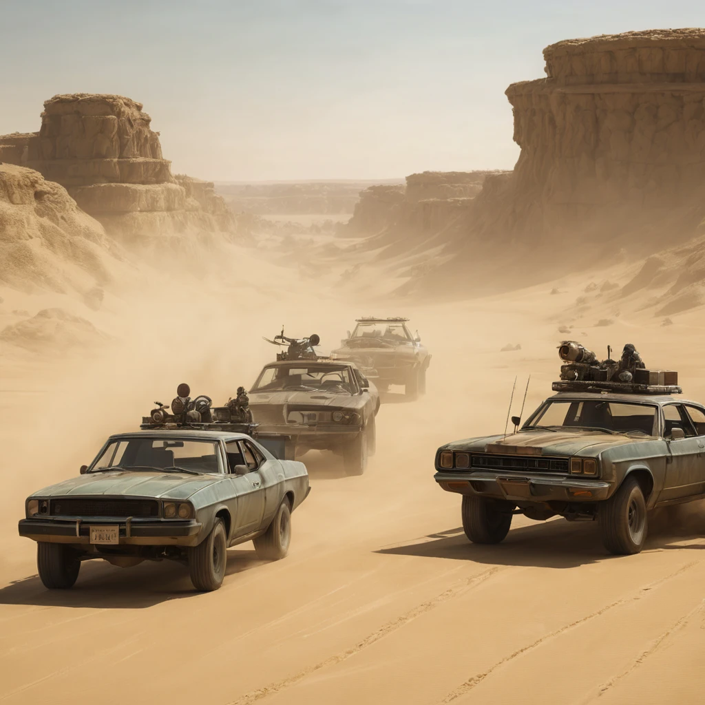 Panoramic Photo of the filming process of the street scene of the movie Mad Max: Fury Road. The most epic shots . Jets of fire . Race in the desert. ultra-rendered, perfect composition, intricate detail, octane render, 8K resolution, photorealistic, soft volumetric cinematic lighting, chiaroscuro effect .Best quality,4k,8k,High resolution,masterpiece:1.2,ultra detailed,realistic,photorealistic:1. 37,spectacular lighting,soft focus,high contrast,sandy texture,long shadows,gloomy film,emotional intensity,,expressionist,cinematic atmosphere,, Deep depth of field,,spectacular composition,iconic shots,storytelling through visual effects,character-based narrative,mysterious atmosphere,artistic film style,rich tonal range, Photo of the filming process 