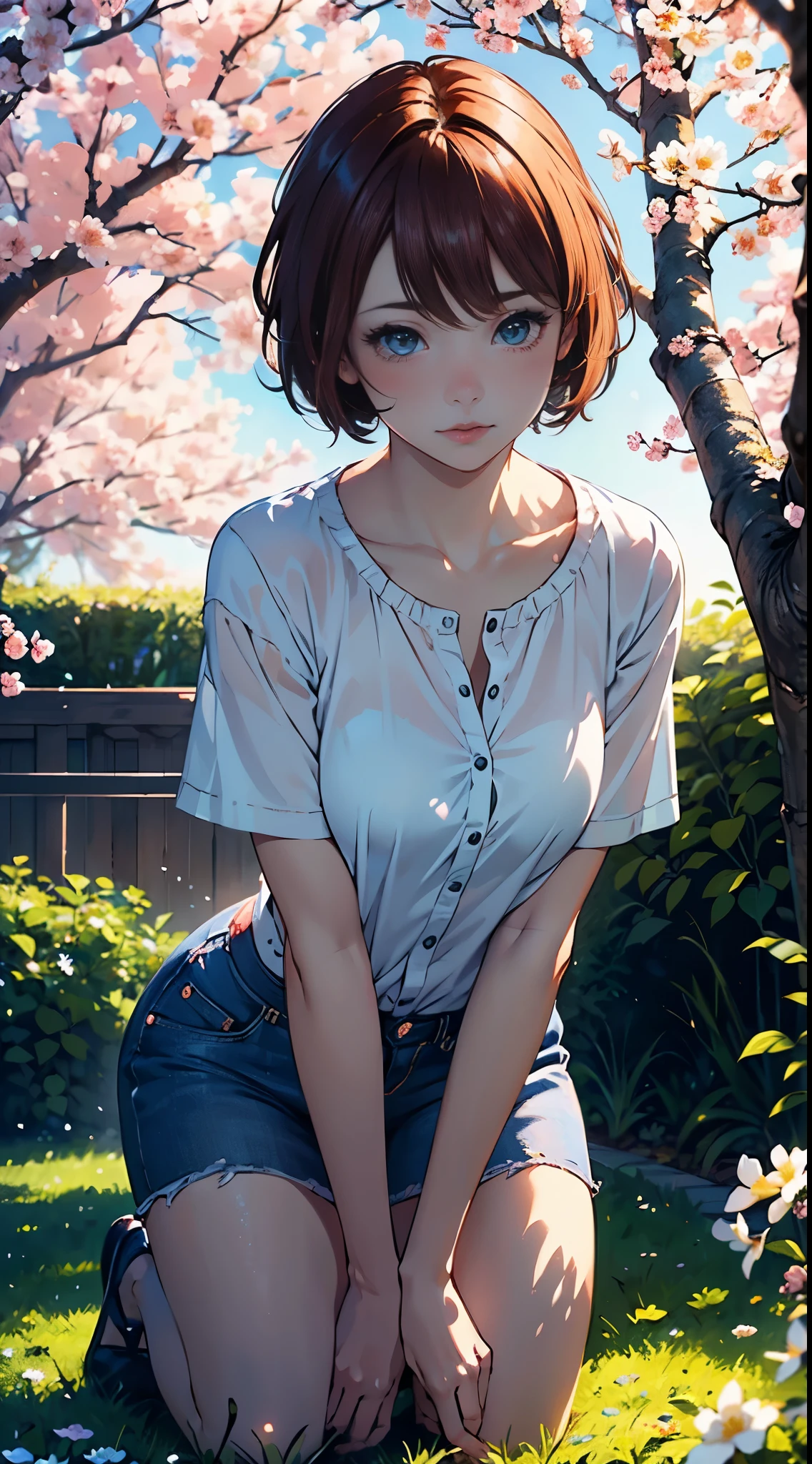 (best quality, highres, realistic),cute redhead girl with blushing face (((short hair))),kneeling in a blooming garden,adorable, lovely, charming,loving, peaceful atmosphere,soft sunlight filtering throught the trees,gentle breeze,tender blossoms,to create an enchanting scene.[illustration]