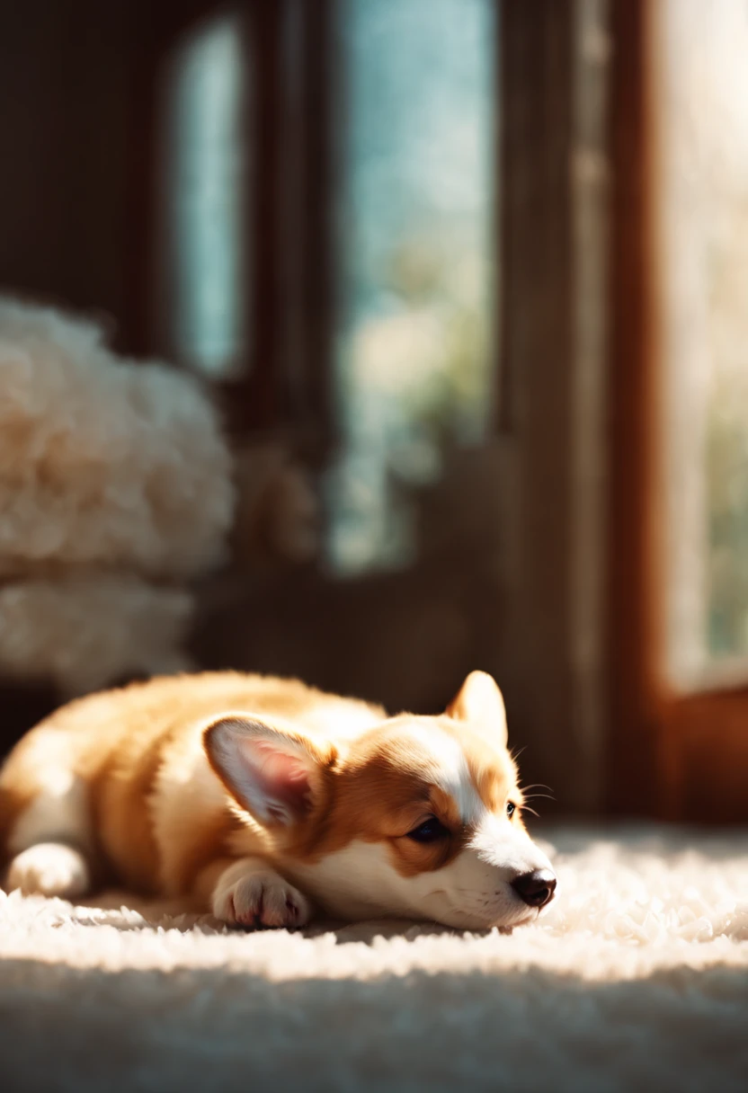 cinematic film still {(Artistic Image Prompt) Fish-eye lens top down cinematic shot looking down at a cute sleepy corgi puppy curled up on a fluffy white shag rug, digital painting by Loish and Ilya Kuvshinov in storybook illustration art style, with soft lighting coming from window} . shallow depth of field, vignette, highly detailed, high budget, bokeh, cinemascope, moody, epic, gorgeous, film grain, grainy