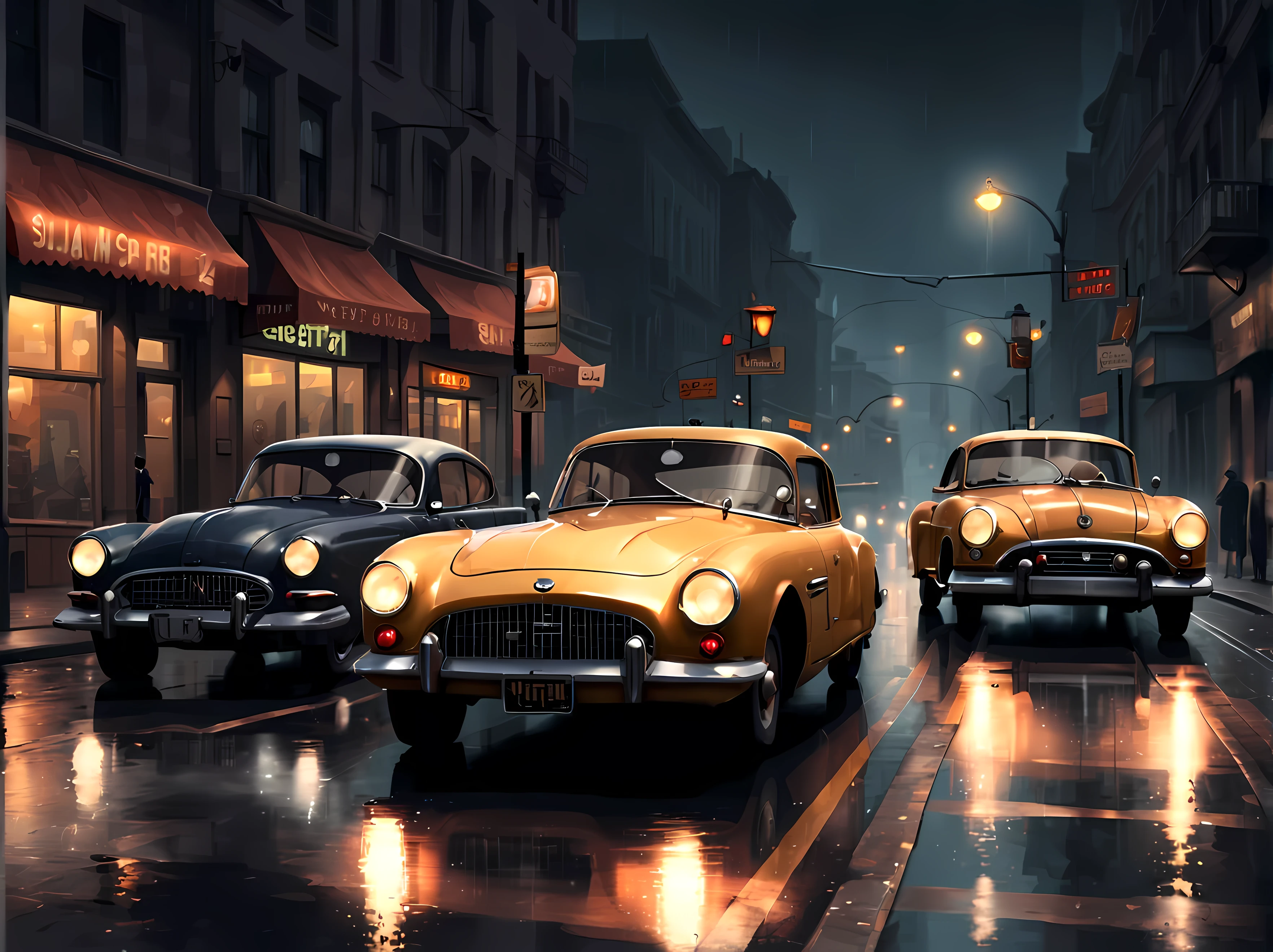 (pixel style:1.4), masterpiece in maximum 16K resolution, design a captivating thrilling car ((chase)) between two ((vintage)) cars ((sleek curves, classic design)) in the atmospheric style of film , the scene unfolds on rain-soaked streets illuminated by the harsh glow of streetlamps, capturing the tension and adrenaline of a high-speed pursuit. | A dark and shadowy urban environment, glistening reflections on the wet pavement. | ((More_Detail))