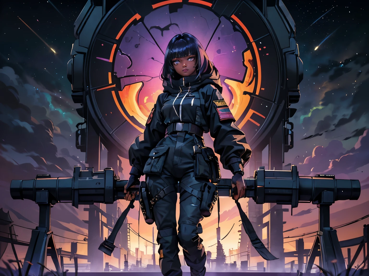 full body, 1girl、(Fluttering violet hair、beautiful dark-skinned Caribbean woman、A detailed face、Detailed facial contours、sharp outline、detailed purple eyes、Bright pupils、Gradient Eyes:1、finely detailed beautiful eye:1、Symmetrical eyes:1、big highlight on eyes:1.2)、Detailed hair strands、ripped muscular abdominals、breasts are very small in size、Glossy lips、Three-dimensional large round nose、Three-dimensional lips、(asymmetrical bangs、Long violet hair、disheveled hair)、(digital camouflage Army Pants、rebel Military、open wool-lined coat jacket with furry hood、tattered parka with bullet holes、hand gloves、Army Boots、Tactical Holster、HK mk.22、Holding a tarnished pistol)、(Fine fingers、detailed arms、detailed human hands)、(in 8K、top-quality、masterpiece、ighly detailed、 professional lighting、Near and far law、(lighting large pyre during sci-fi cannabis indica village plant festival)、(High dynamic range)、sharp focus:1。4、(Hyper-detailing、finedetail)、
