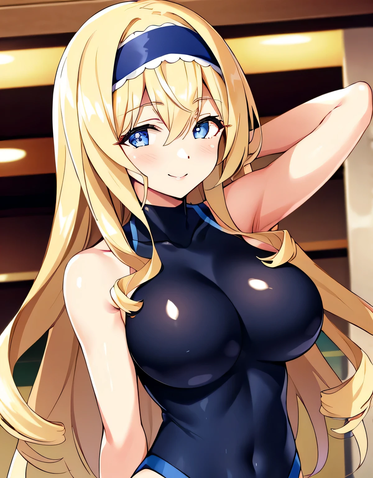 Cecilia Somak,blonde hair,leotard,blue leotard,pilot suit,(big breasts:1.5),shiny,hair,((alone)),((masterpiece)),((highest quality)),perfect anatomy,slim waist,perfect image,8k UHD,(detailed and beautiful eyes:1.5),highly detailed face,Are standing,(Upper body:1.1),(look ahead:1.1),back arm,super detailed,disorganized,High resolution,indoor arena,smile,