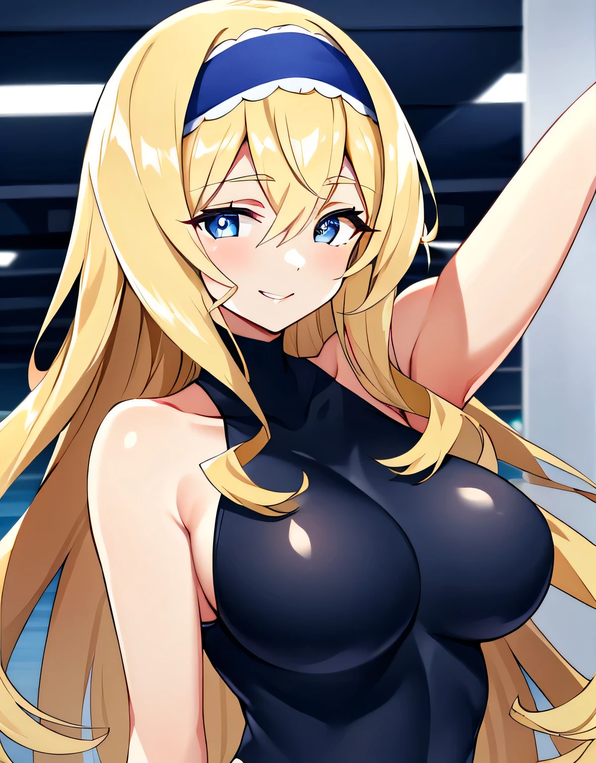Cecilia Somak,blonde hair,leotard,blue leotard,pilot suit,(big breasts:1.5),shiny,hair,((alone)),((masterpiece)),((highest quality)),perfect anatomy,slim waist,perfect image,8k UHD,(detailed and beautiful eyes:1.5),highly detailed face,Are standing,(Upper body:1.1),(look ahead:1.1),back arm,super detailed,disorganized,High resolution,indoor arena,smile,