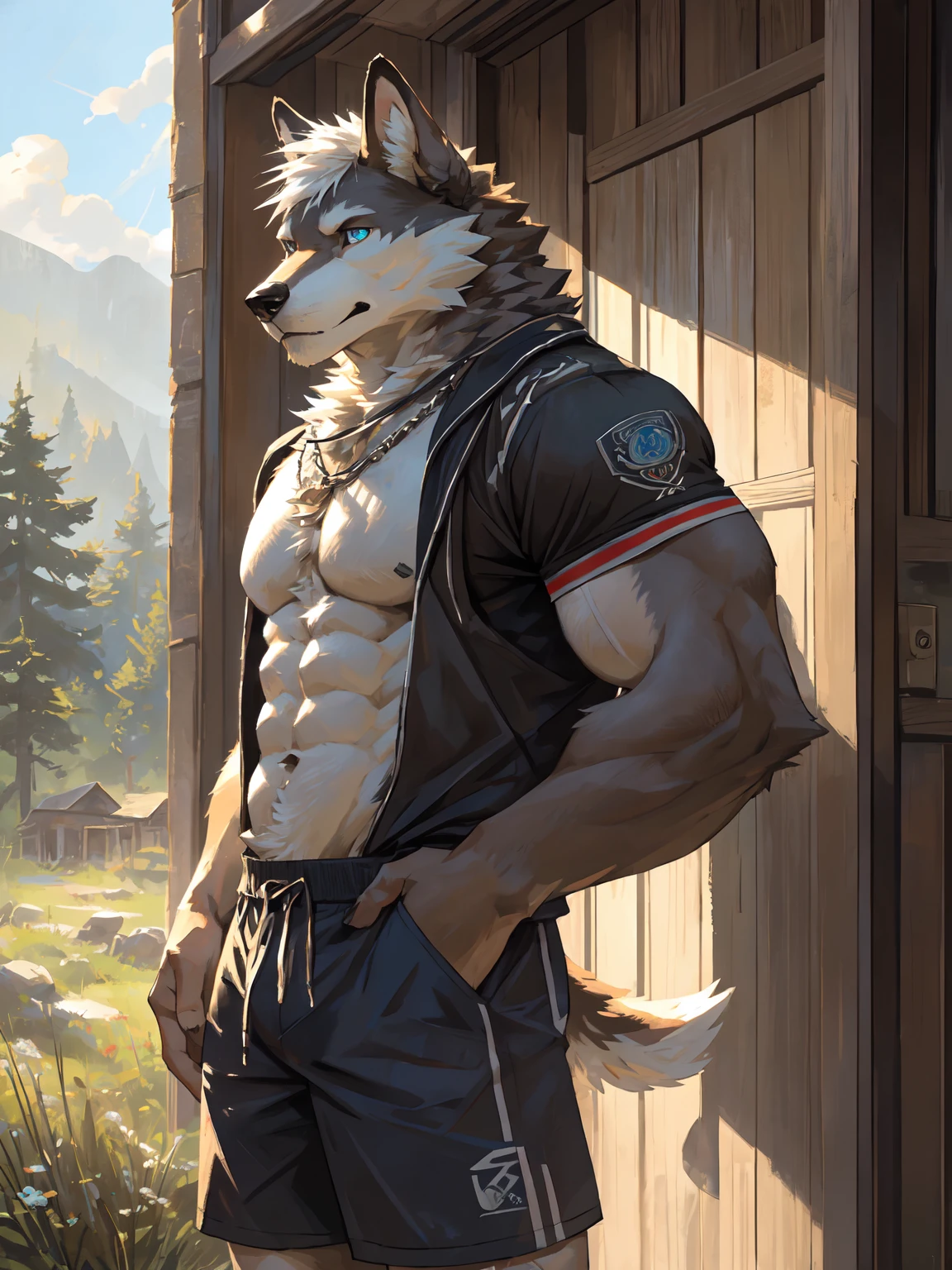 ((Solo)), Male, anthro wolf, (Multi-colored fur, Black White Taupe), (Dog face, White hair, Big eyes, White eyelids, Blue pupil), (Tough, Calm expression), (huge muscle:1.2), pinging)), (Correct anatomy), (Work shorts),  torso, (detailed outfits), (Realistic fur, Detailed fur texture, labeled:1.3)), (Natural lighting), Photorealistic, Hyperrealistic, ultradetailed, by Kenket