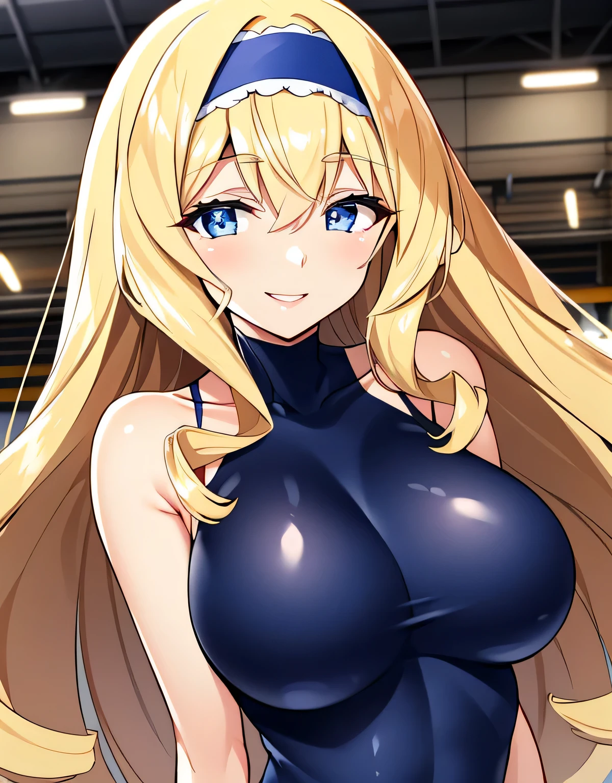 Cecilia Somak,blonde hair,leotard,blue leotard,pilot suit,(big breasts:1.5),shiny,hair,((alone)),((masterpiece)),((highest quality)),perfect anatomy,slim waist,perfect image,8k UHD,(detailed and beautiful eyes:1.5),highly detailed face,Are standing,(Upper body:1.1),(look ahead:1.1),back arm,super detailed,disorganized,High resolution,indoor arena,smile,