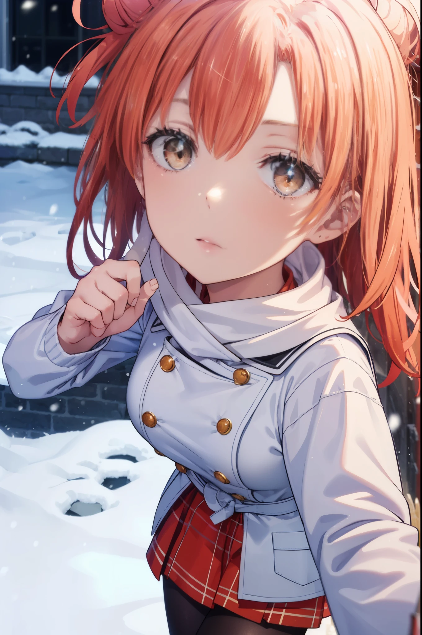yuiyuigahama, yui yuigahama, long hair, (brown eyes:1.5), (orange hair:1.2), bun hair, single bun hair, open your mouth,smile, (big breasts:1.2),pink long coat There is an open front,red muffler,white sweater,long skirt,black pantyhose,short boots,Chunky gloves,It's snowing,snow is falling,winter,cold sky,
break outdoors,In town ,building street,
break looking at viewer looking up from below, (cowboy shot:1.5),
break (masterpiece:1.2), highest quality, High resolution, unity 8k wallpaper, (figure:0.8), (detailed and beautiful eyes:1.6), highly detailed face, perfect lighting, Very detailed CG, (perfect hands, perfect anatomy),