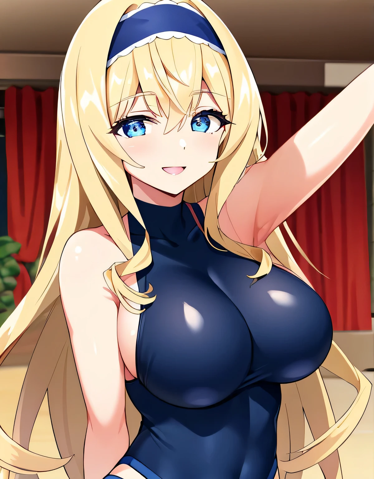 Cecilia Somak,blonde hair,leotard,blue leotard,pilot suit,(big breasts:1.5),shiny,hair,((alone)),((masterpiece)),((highest quality)),perfect anatomy,slim waist,perfect image,8k UHD,(detailed and beautiful eyes:1.5),highly detailed face,Are standing,(Upper body:1.1),(look ahead:1.1),back arm,super detailed,disorganized,High resolution,indoor arena,smile,