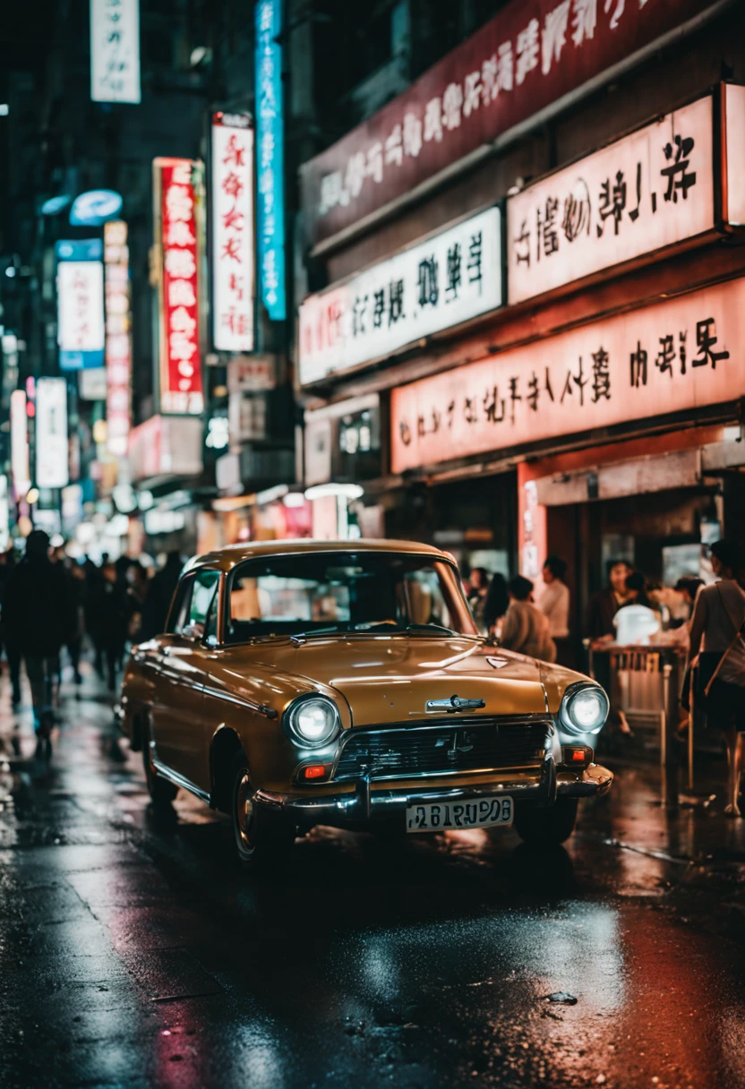 cinematic film still {A film shot of a bustling Tokyo street at night, neon signs glowing vibrantly, crowds of people captured in a freeze-frame of urban life, reflections on wet pavement, realistic atmosphere, shot with a Canon EOS R3, Focal length 35mm} . shallow depth of field, vignette, highly detailed, high budget, bokeh, cinemascope, moody, epic, gorgeous, film grain, grainy