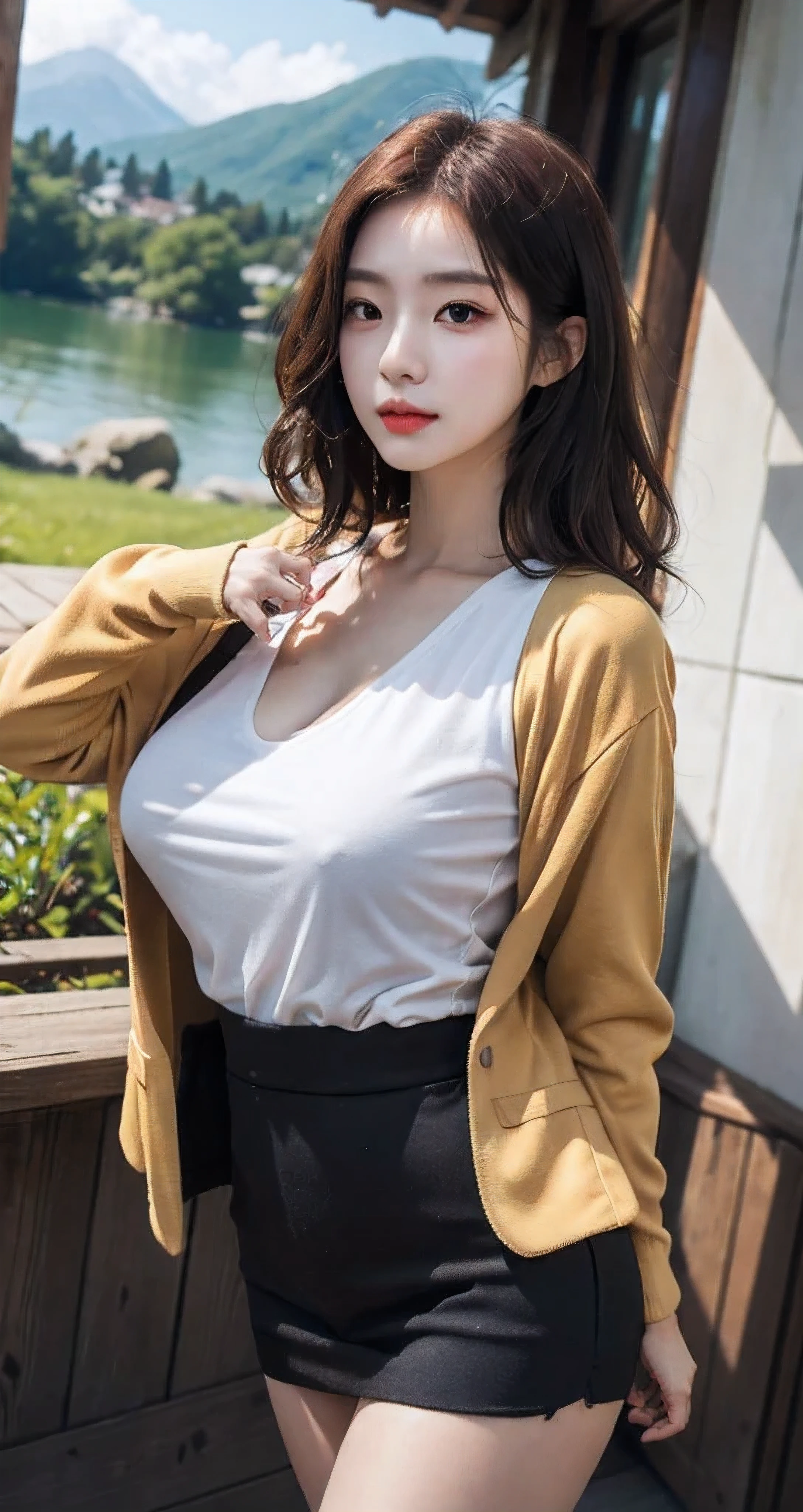 Best Quality Detail:1.2, realisitic, 8K UHD, hight resolution, 1girl in:1.2, The ultra-detailliert, High quality textures, intricate detailes, detaileds, Very detailed CG, High quality shadows, Detail Beautiful delicate face, Detail Beautiful delicate eyes, depth of fields, Ray traching, masterpiece, best quality,ulzzang -6500-v1.1:0.6, pureerosface_v1, Pretty korean Girl, Korean Urzan Face:1.1, milf, 28 year old woman,short neon orange hair,shiny_skin,thin_waist,gigantic breasts,wearing red dress with black jacket outer, 4K, 8K UHD Full Color RAW Photos, Fuji Film(Medium format:1.2), Hasselblad:1.2, Carl zeiss:1.1, Incredible dynamic range photography(UTIL_Art by Smoose-768:1.1), hight resolution, High pixel count, clear details, crisp image, Natural color reproduction, Noise Reduction, High fidelity, qulity, Software Improvements, Upscaling, Optimized algorithms, Pro-level retouching,crowd:1.1,depth of field,looking at viewer,random pose walking at tranquil mountain abode background,random sexy pose walking at tranquil mountain abode