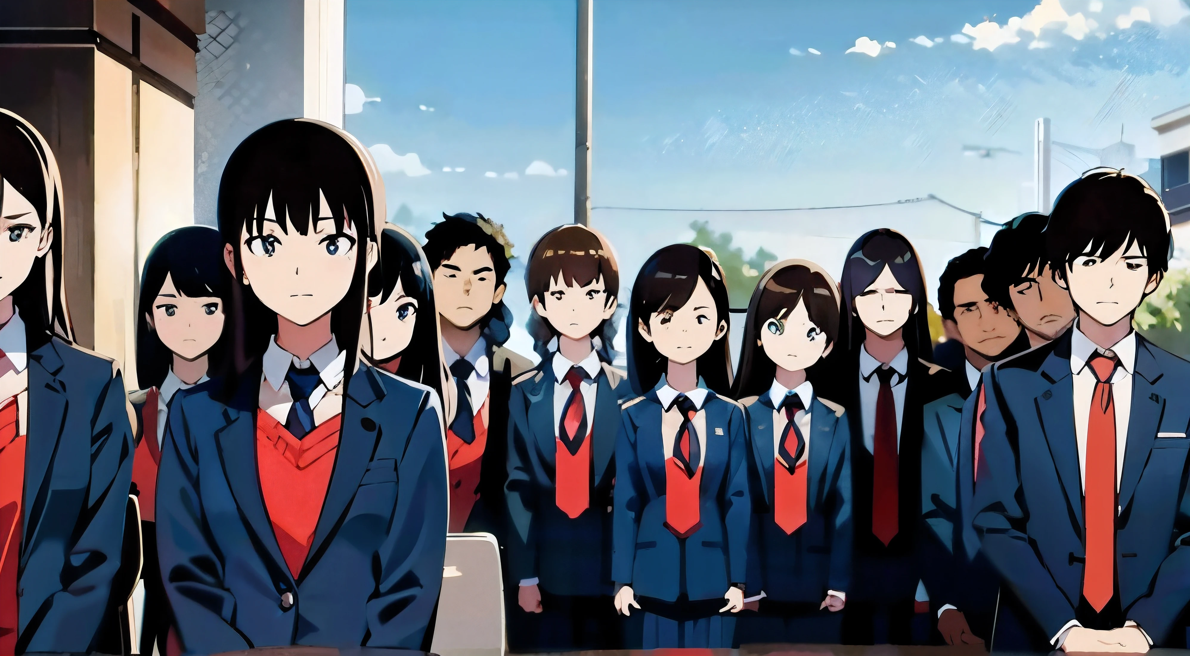 10 student, 14 year old students is going somewhere , wth different uniform image from front