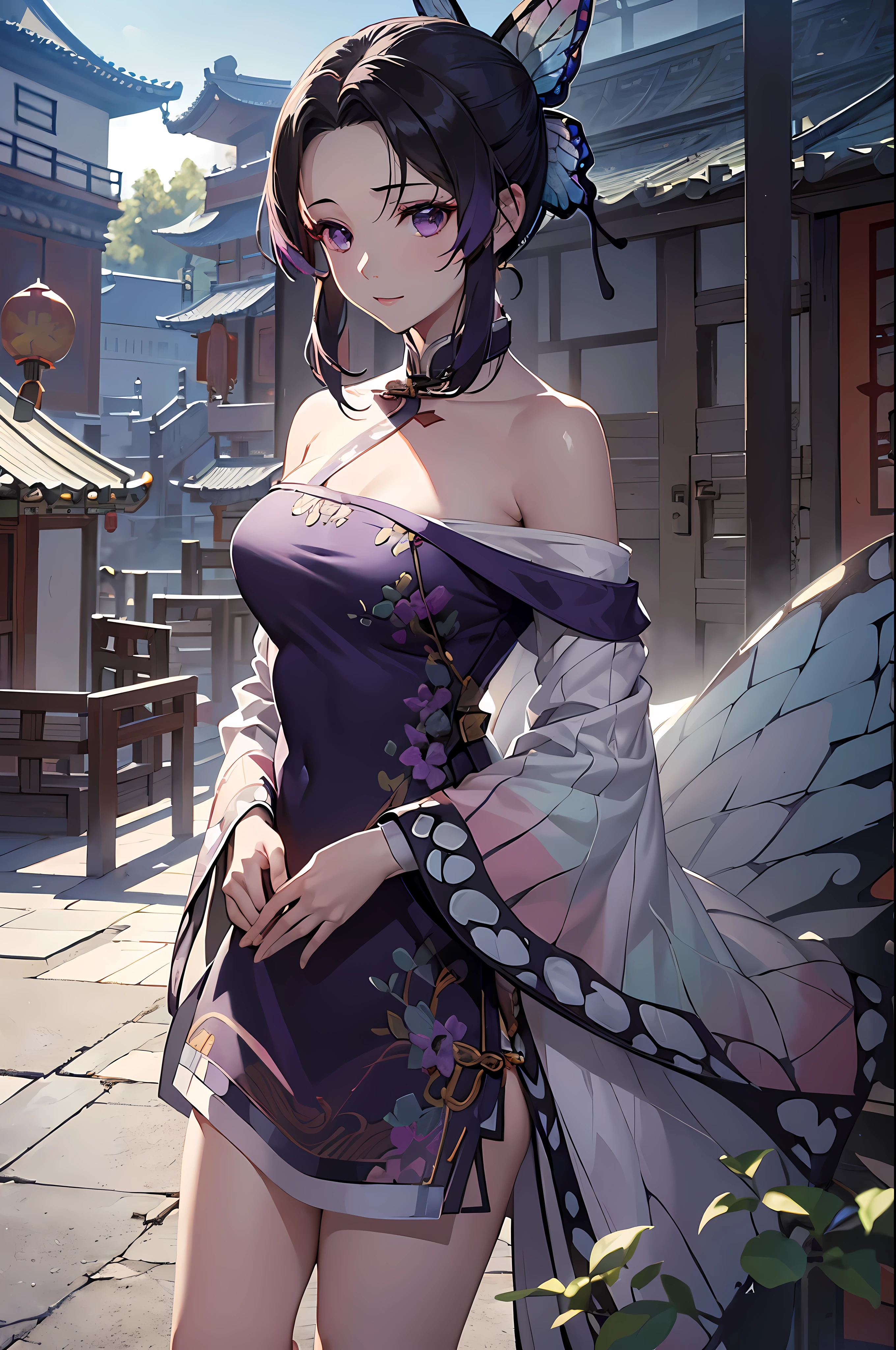 Surreal 8K CG，masterpiece，（（Ultra detailed backgrounds，delicate pattern，intricate details）），best quality best，kochou shinobu，multicolored hair，no bangs，hair intake，purple eyes，forehead,  alone ，chibi，Tyndall effect , (china_dress:1.4),(dokyo_distance_background:1.2) ,(cowboy shot) ,  (standing) , (face:1.2) ,(embarrassing_expression:1.2) , No concealment , sexy , (off shoulder_dress:1.2)