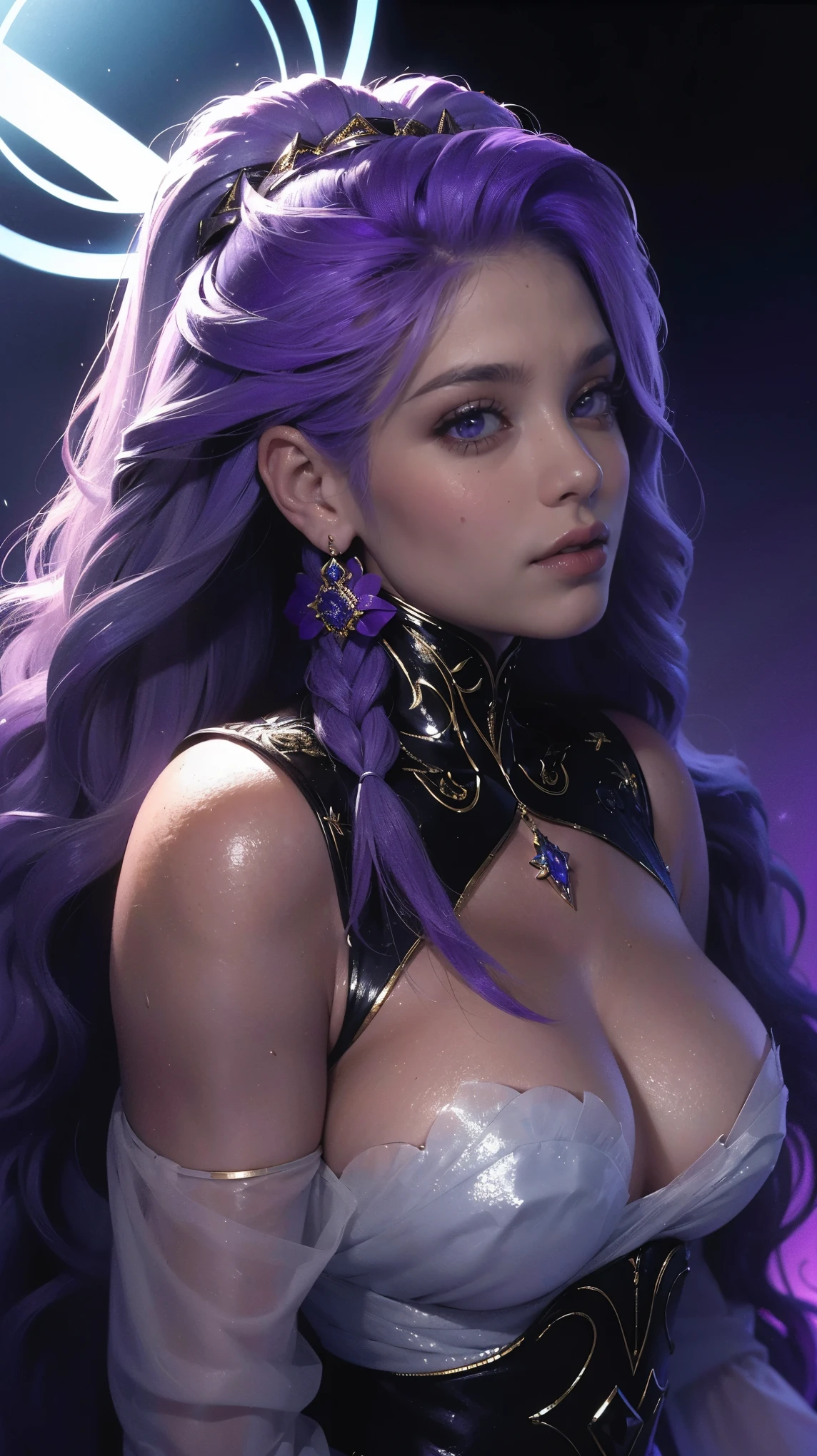 (Numerosas obras-primas premiadas, with incredible details, rosto extremamente lindo)), (rosto realista extremamente detalhado, carefully detailed true circle, symmetrical gray purple eyes)), (She has a meloncholic face), (A majestic vision), very long blue braided hair, cor fluorescente, 1 garota, olhar para o lado, rosto bonito, Olhos bonitos, (fora do ombro: 1.2), parte superior do corpo, cabelos brilhantes, pele brilhante, seios pequenos, Reduction of glare emissions, peitis pequenos, The proportions of the fingers are coordinated, Escuro, Pov, dynamic angle, (((Parte Mestre))), (((melhor qualidade))), ((ultra-detalhado)), (illustration), (luz detalhada), ((um extremamente delicado e bonito)), Dramatic_sombra, raio_Rastreamento, reflection, super high resolution, laser, Chibi