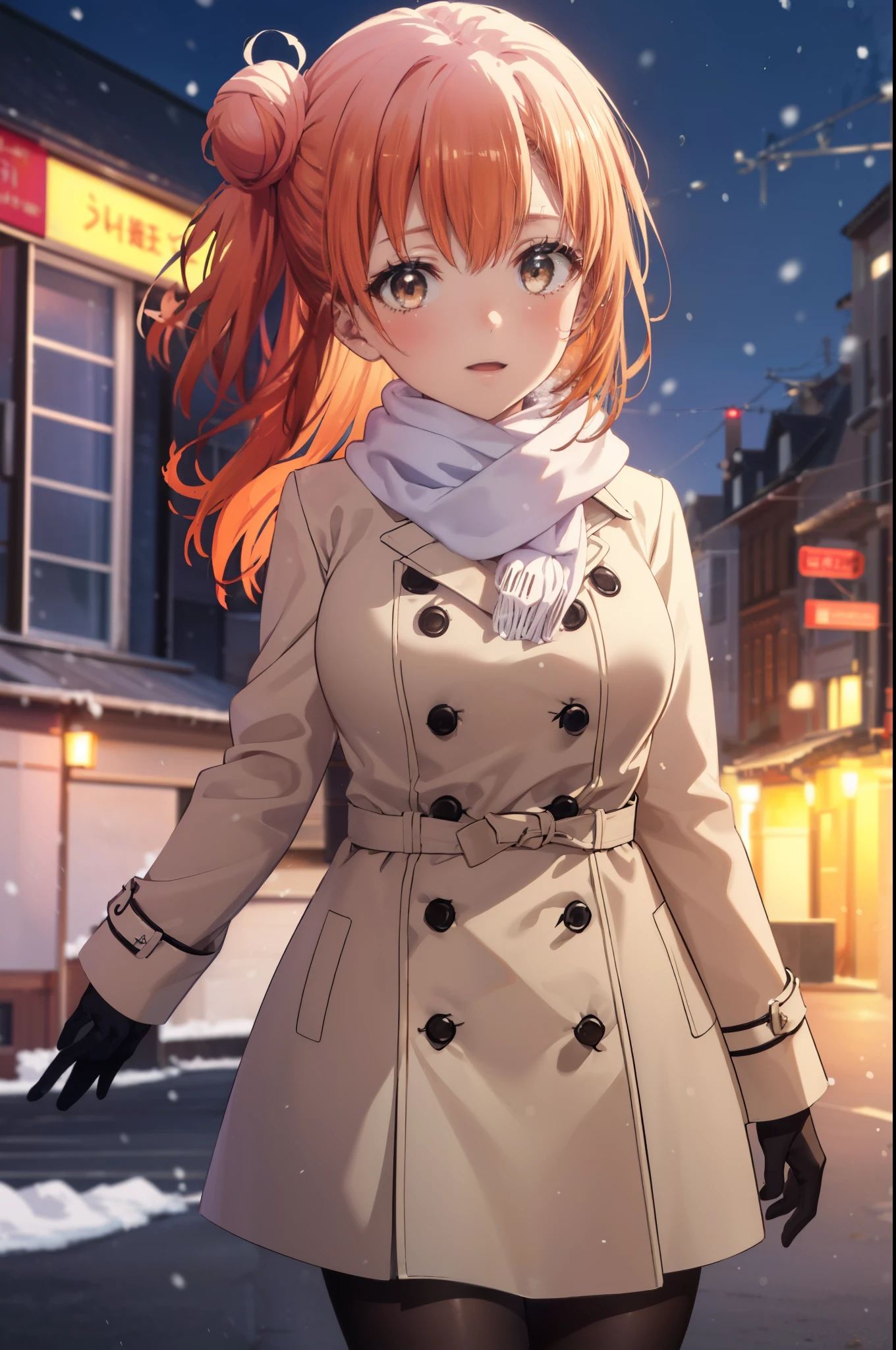 yuiyuigahama, yui yuigahama, long hair, (brown eyes:1.5), (orange hair:1.2), bun hair, single bun hair, open your mouth,smile, (big breasts:1.2),pink long coat　There is an open front,red muffler,white sweater,long skirt,black pantyhose,short boots,Chunky gloves,It&#39;s snowing,snow is falling,winter,cold sky,
break outdoors,In town ,building street,
break looking at viewer　looking up from below, (cowboy shot:1.5),
break (masterpiece:1.2), highest quality, High resolution, unity 8k wallpaper, (figure:0.8), (detailed and beautiful eyes:1.6), highly detailed face, perfect lighting, Very detailed CG, (perfect hands, perfect anatomy),