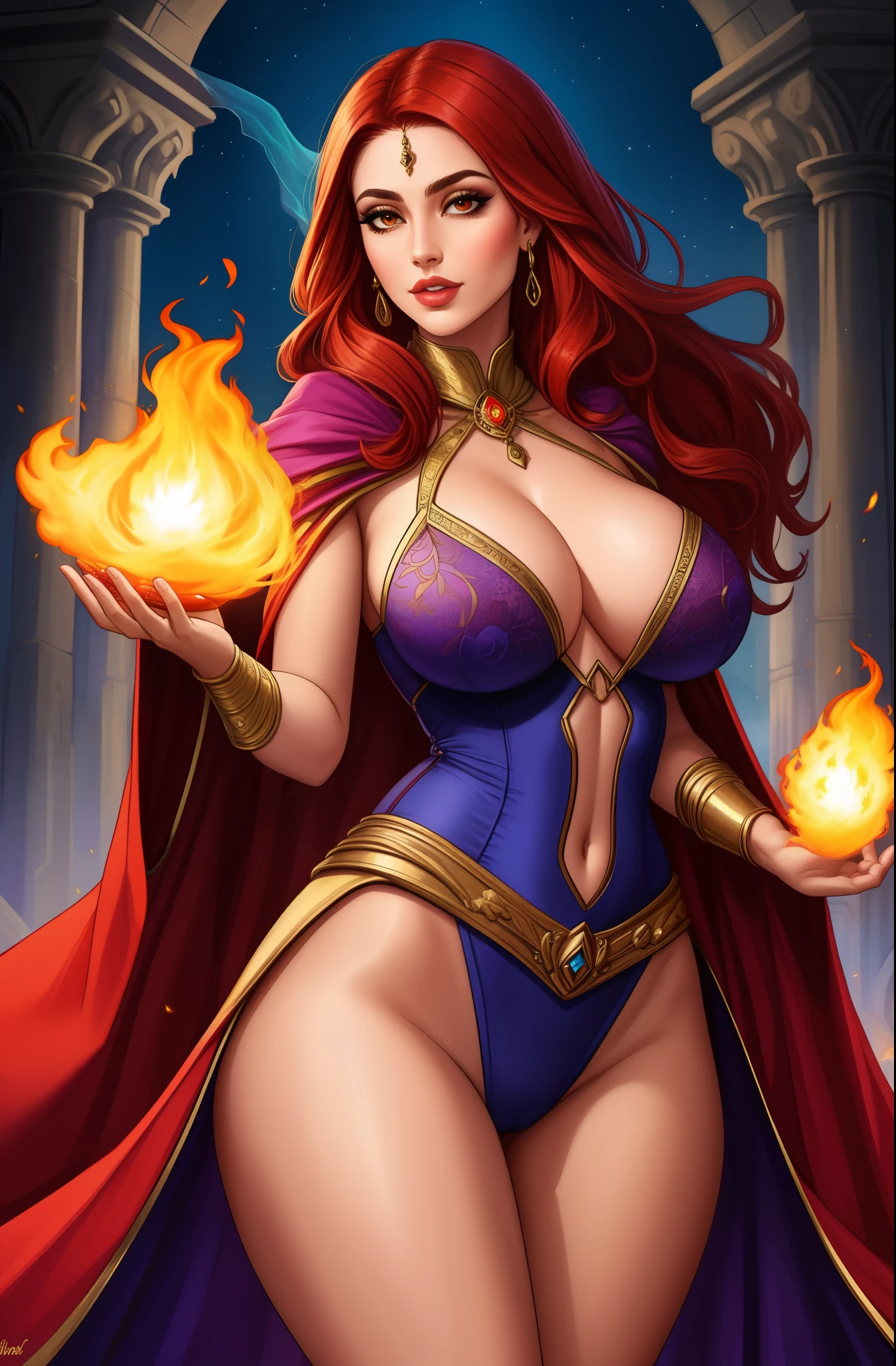 Fantasy Female sorceress, fiery red hair, latina, 