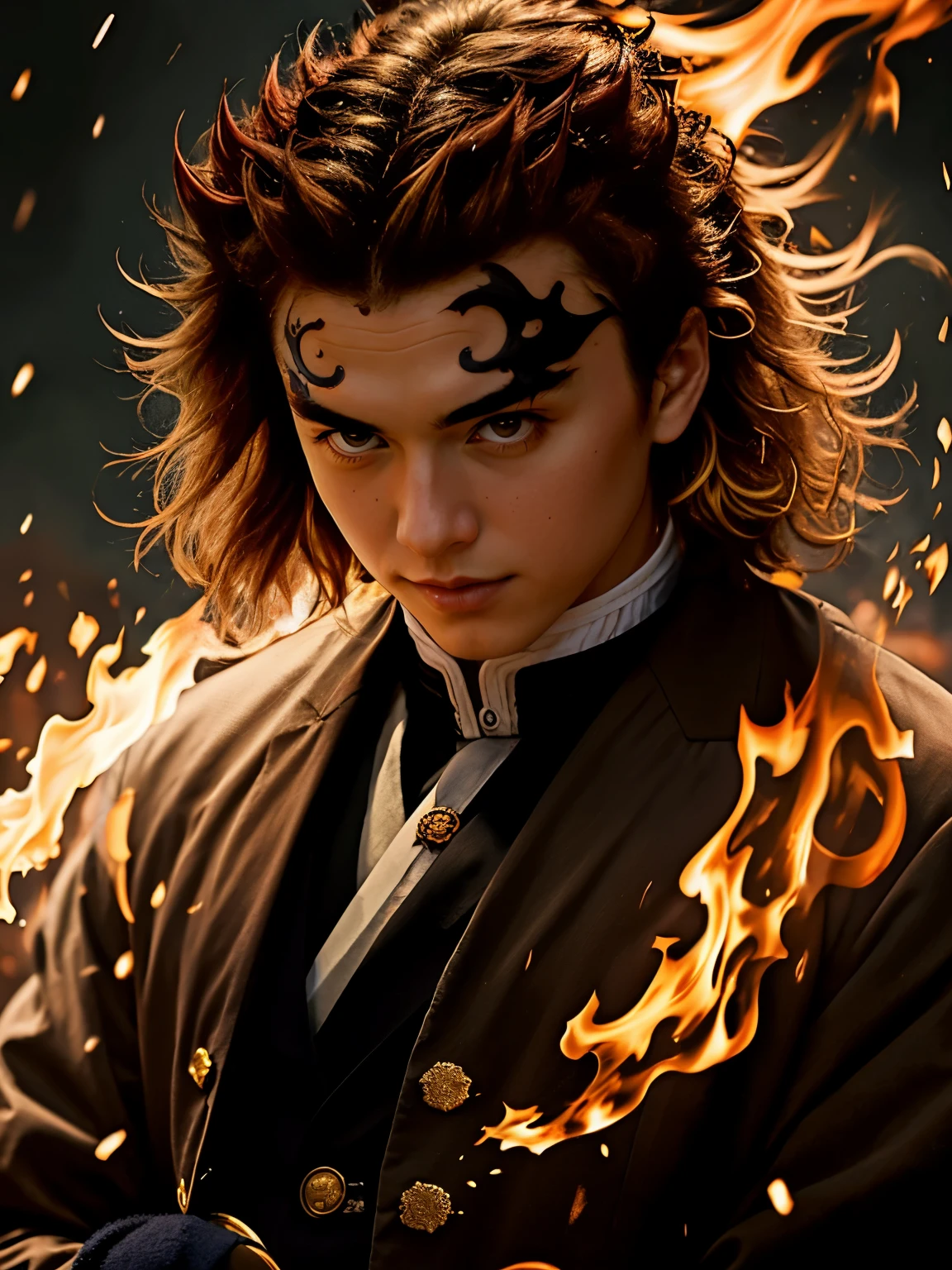 The image of Rengeshijuro in "Demon Slayer: (((Kimetsu no Yaiba)))" is vividly depicted. A masculine and brave man, ((((gold hair)))), wielding a sword ,The work uses delicate brushwork to show the majesty and heat of the fire pillar, immersing the viewer in a heroic and exciting atmosphere. Each stroke reflects the exquisite skills of a true artist and highlights the indomitable spirit of the Fire Pillar, which is deeply admired and moved. ", JRPG, , high contrast, cel shading