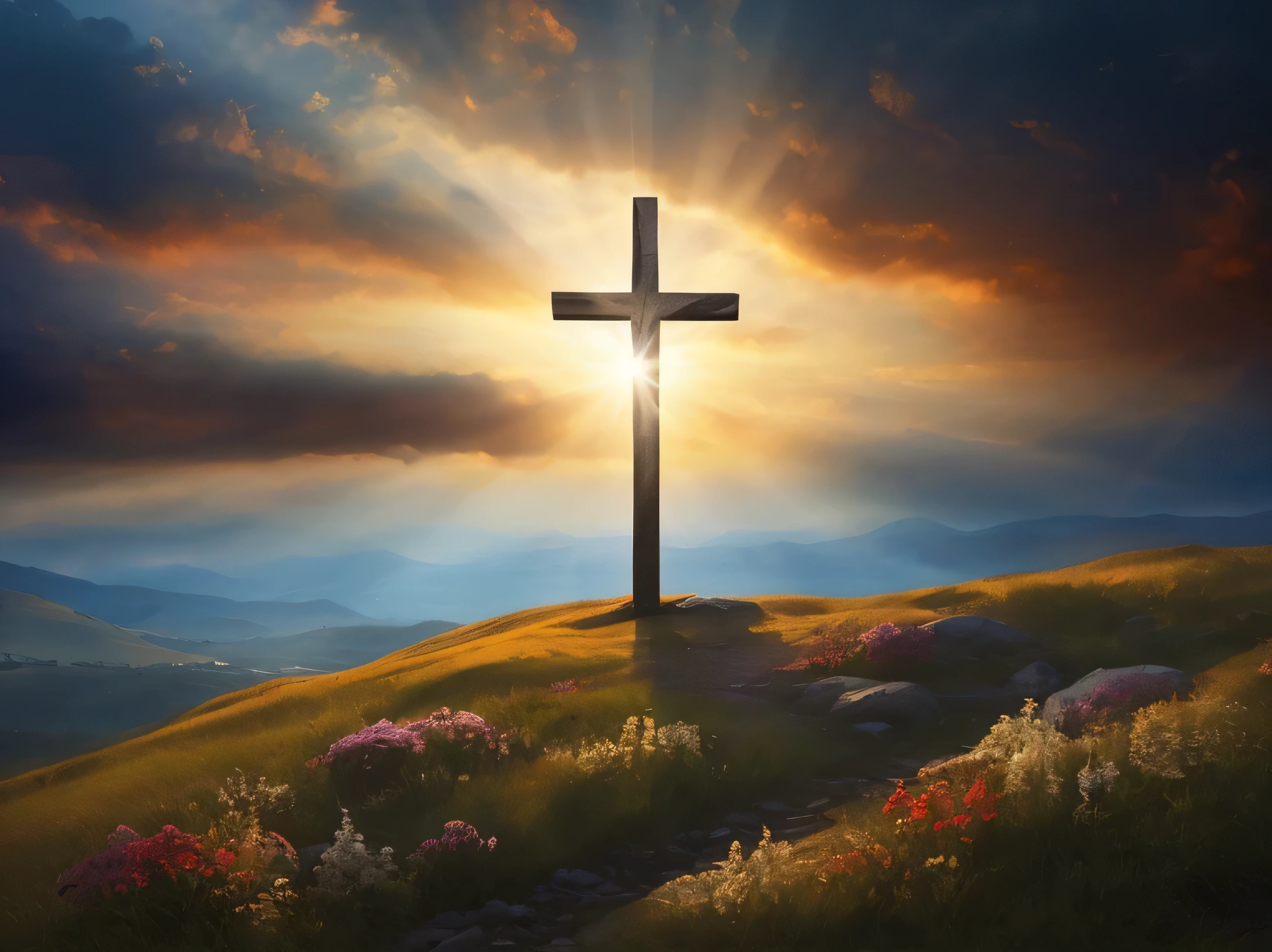 arafed cross on a hill with a beautiful sky and sun, cross, bright light masterpiece, cross composition, best on adobe stock, the lord and savior, easter, holy, holy cross, by Kurt Roesch, shutterstock, christianity, religious, christian art, holy and beautiful, by Harrington Mann, shadow of the cross, by mark keathley