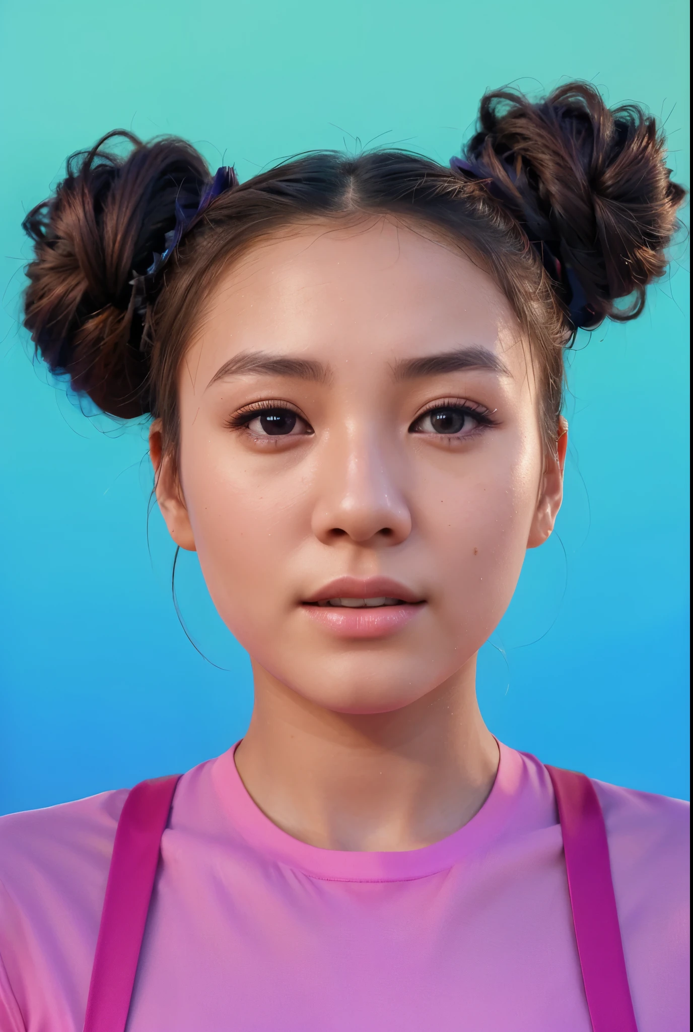 A asian girl with two bun hairstyle, wearing a pink shirt and suspenders, looks scared. Satin skin with natural texture, ultra realistic hyper realistic body skin texture ultra realistic a girl with long brown bun hairstyle, wearing a bright shirt, stretches out her hands. She has a frightened expression on her face, perfect smooth skin. with long brown hair bun hairstyle, smoot, multiple light sources, rim light, sharp post effects render, perfect cgi, digital art, detailed digital art, reflective, best quality, 4k, masterpiece:1.2, ultra-detailed, realistic, vivid colors, dark and moody lighting, The image of the highest quality, ensuring every detail showcased perfectly. It in 4k resolution, allowing viewers to immerse themselves in the richness of the colors and intricate details. The realistic rendering. under the spotlight, reflecting, high-resolution image, realistic rendering, dark background, and rim light