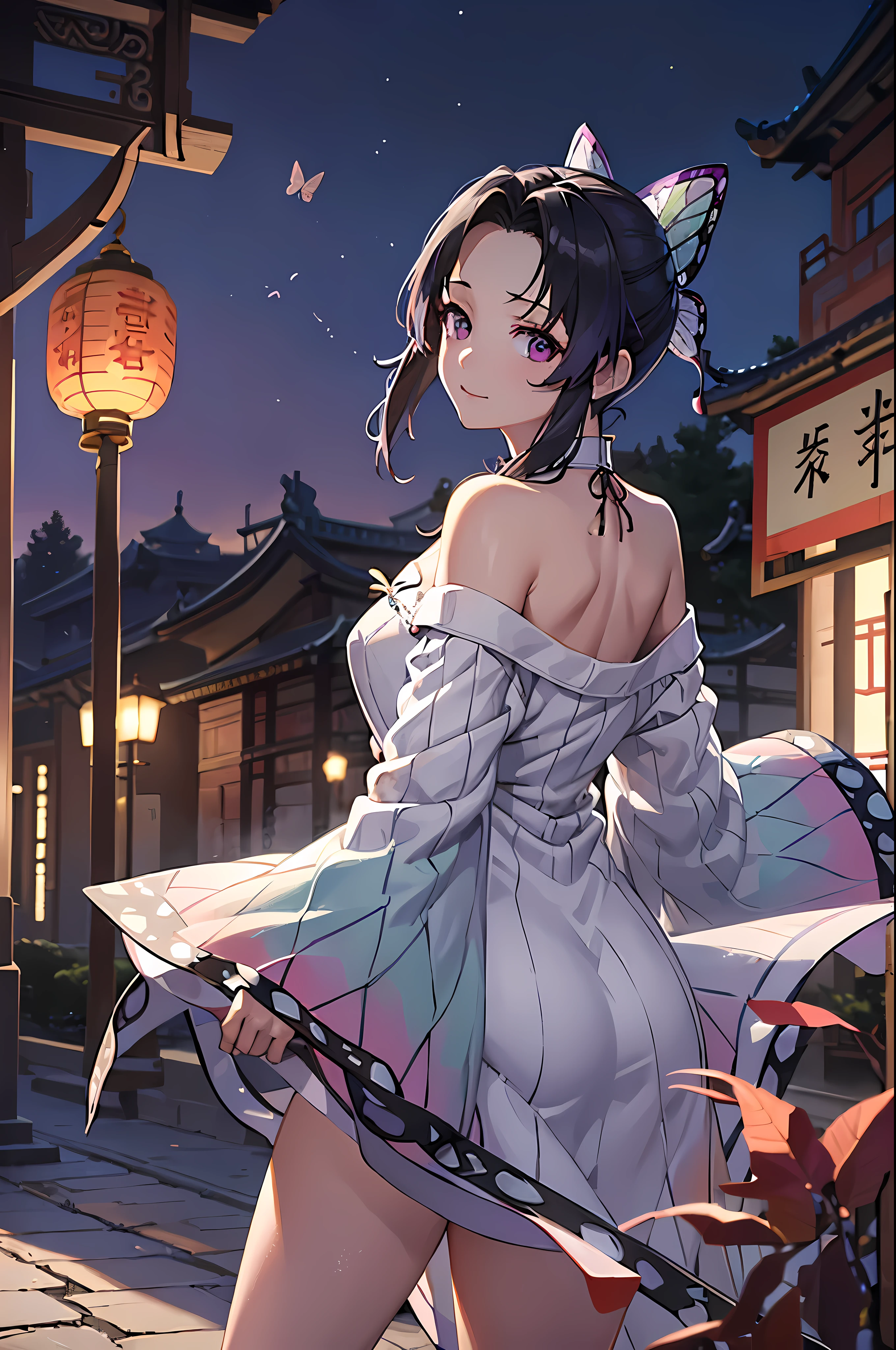Surreal 8K CG,masterpiece,((Ultra detailed backgrounds,delicate pattern,intricate details)),best quality best,kochou shinobu,multicolored hair,no bangs,hair intake,purple eyes,forehead, alone ,chibi,Tyndall effect , (china_dress:1.4),(dokyo_distance_background:1.2) ,(cowboy shot) , (standing) , (face:1.2) ,(embarrassing_expression:1.2) , No concealment , sexy , (off shoulder_dress:1.2)