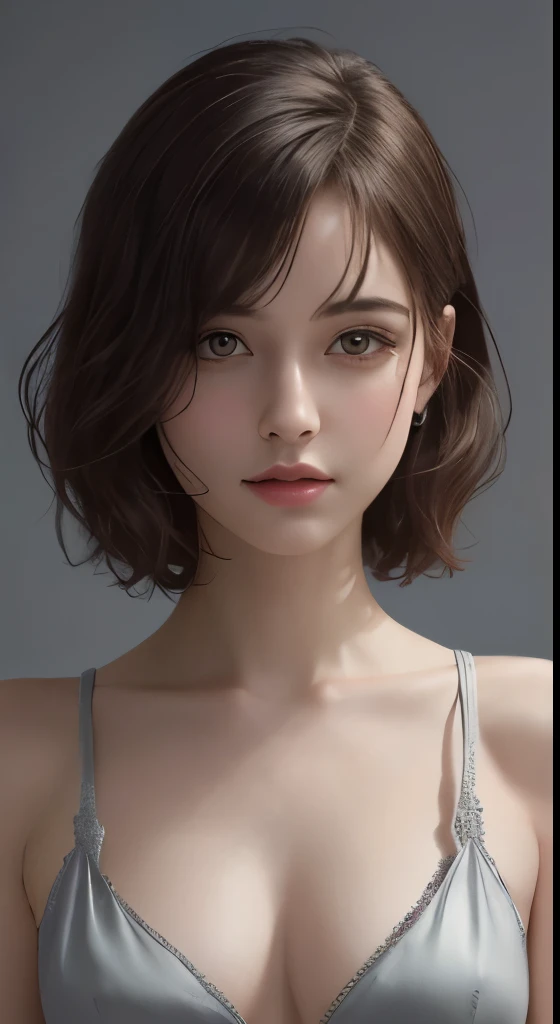 silk dress:1.3、look at the audience、cinematic lighting、perfection、soft light、high resolution skin:1.3、realistic skin texture、30 year old mature woman、small face、no makeup、bust B cup、small breasts、detailed beautiful eyes、short hair、dark brown hair、gray background、