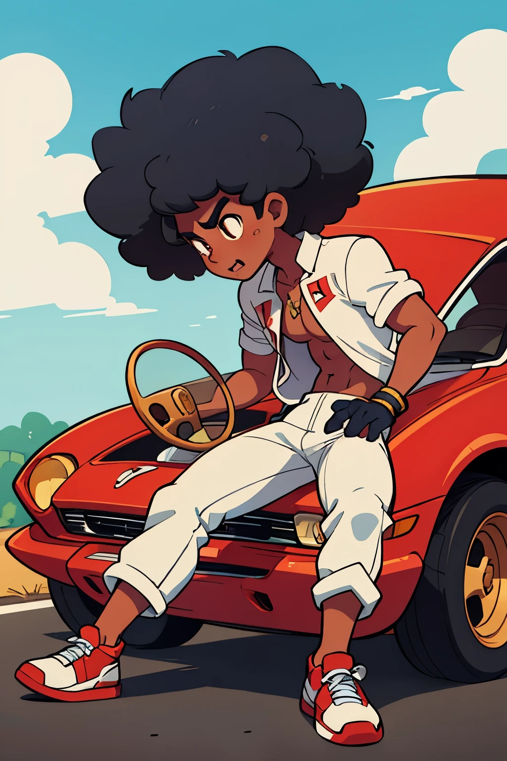 Speed racer, African American, male, big Afro, driving the mach 5, car white and red, M on the hood of car, gold chain, red white and blue jumpsuit, one character, Jordan shoes on, the number one in gold on the side of car, fit male physique, shirtless