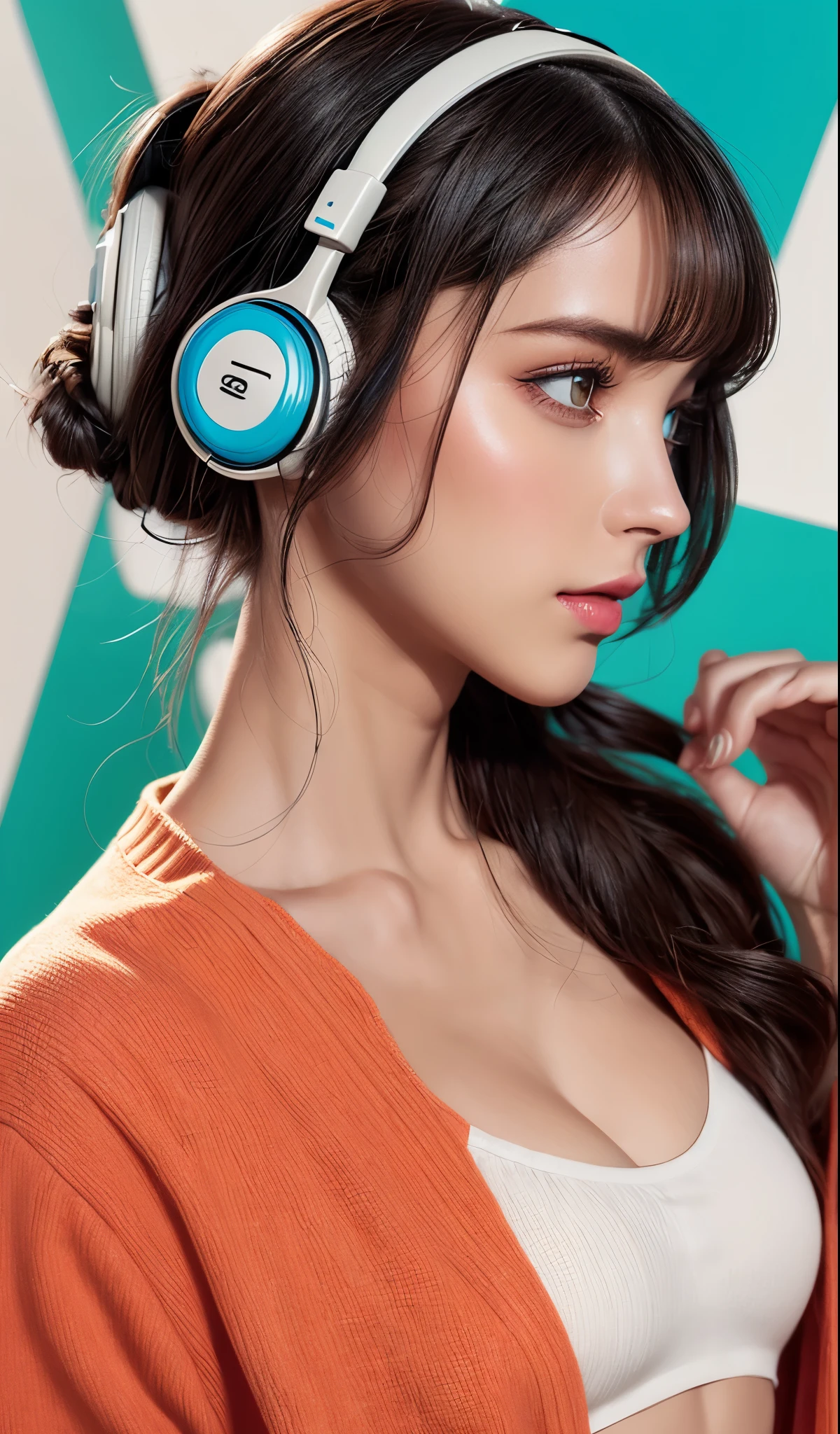 model girl wearing headphones, city background, intricate details, aesthetically pleasing pastel colors, poster background, art by conrad roset and ilya kuvshinov
