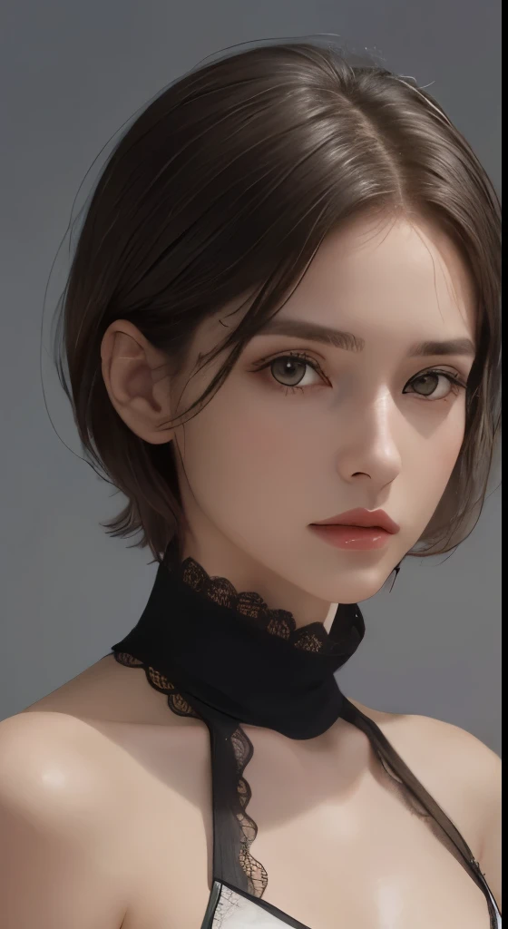 silk dress:1.3、look at the audience、cinematic lighting、perfection、soft light、high resolution skin:1.3、realistic skin texture、30 year old mature woman、small face、no makeup、bust B cup、small breasts、detailed beautiful eyes、short hair、dark brown hair、gray background、