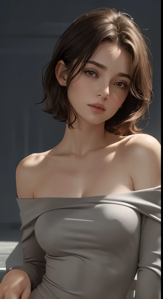 skin tight top:1.4、look at the audience、cinematic lighting、perfection、soft light、high resolution skin:1.2、realistic skin texture、30 year old mature woman、small face、no makeup、off shoulder、bust B cup、small breasts、detailed beautiful eyes、short hair、dark brown hair、full nude、gray background、