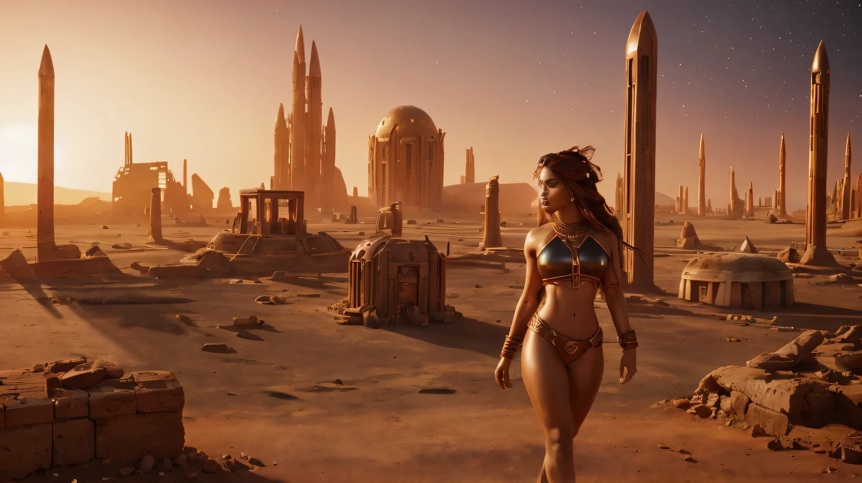 Martian princess, black windblown hair, lustrous copper-red skin, ruby lips, small pieces of gold and copper jewelry; ruins of ancient Martian city n background fantasy scene, athletic, firm body photorealistic