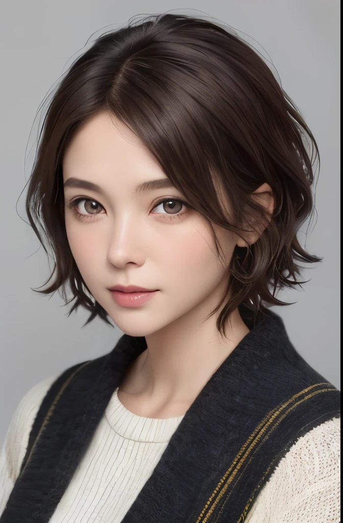 (Representative works:1.3)、(8K、photorealistic、RAW photo、Highest image quality:1.4)、(30 year old mature woman)、beautiful face、(realistic face)、(dark brown hair、short hair:1.3)、beautiful hairstyle、realistic eyes、beautiful detailed eyes、(realistic skin)、beautiful skin、(sweater)、lack of coordination、charm、ultra high resolution、Super realistic、High definition、golden ratio、cool pose、gray background