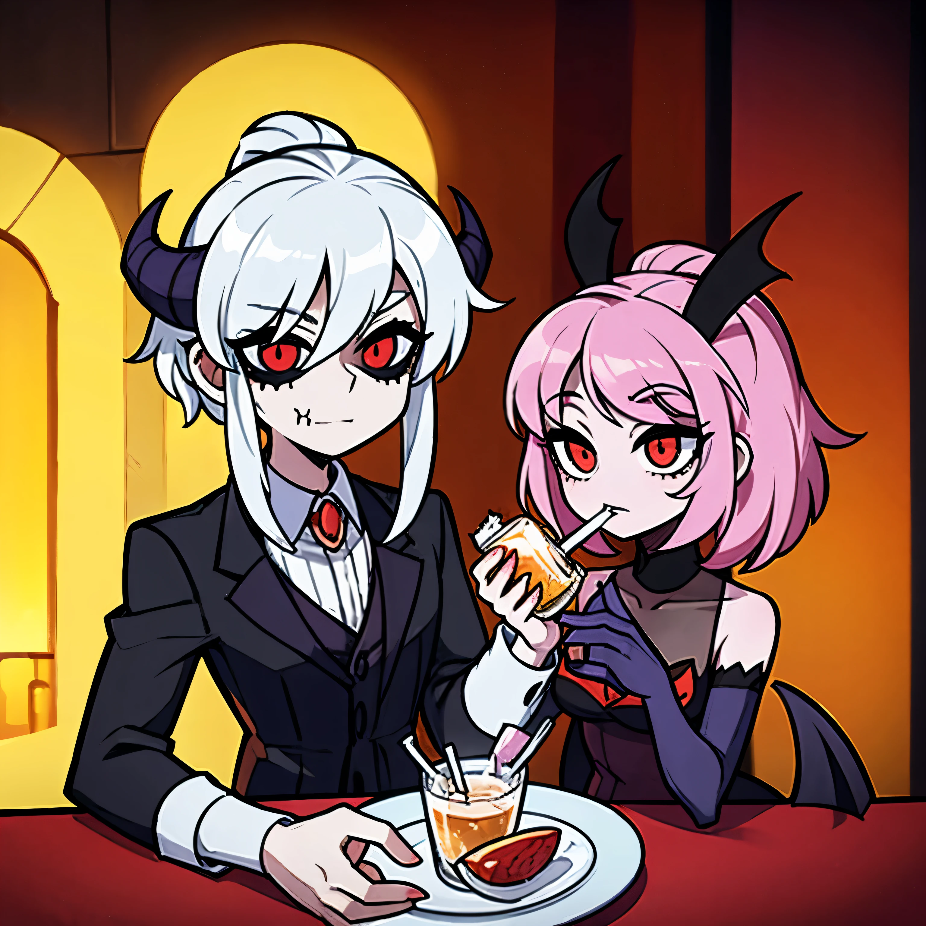 A demon girl having a drink with Alastor from Hazbin Hotel.