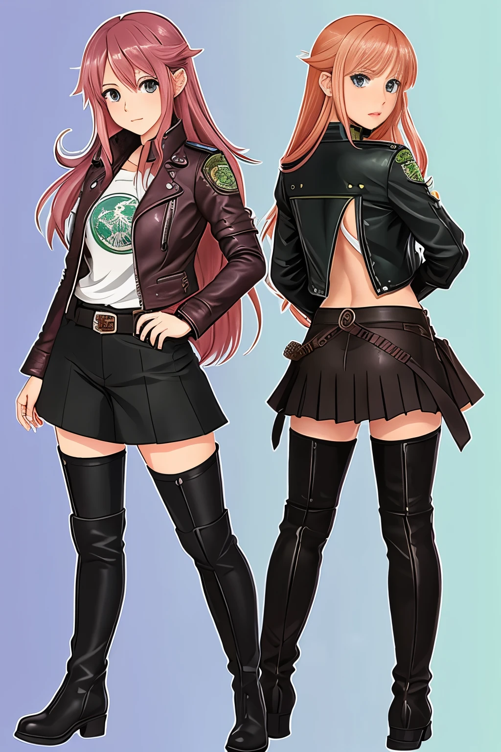 Very detailed illustration in anime style of an adult woman, leather jacket , thigh boots, extremely detailed face, (very detailed hair), slimes, (secret of mana), (mushoku tensei merged with dungeons and dragons), JRPG, art by MSchiffer, pixiv, konachan, high contrast, flat colors, cel shaded, cut out for t shirt