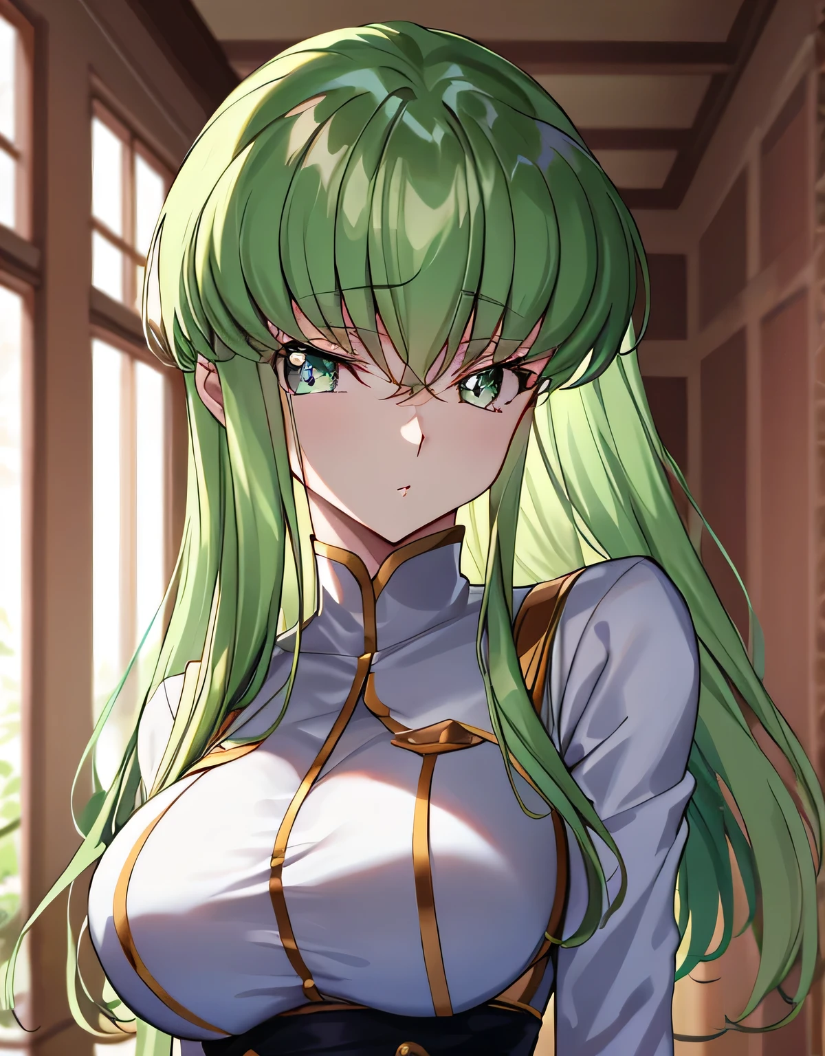 cc_Code Geass,hair between eyes,long hair,white suit,indoor,(big breasts:1.5),shiny,hair,((alone)),((masterpiece)),((highest quality)),perfect anatomy,slim waist,perfect image,8k UHD,(detailed and beautiful eyes:1.5),highly detailed face,Are standing,(Upper body:1.1),(look ahead:1.1),back arm,super detailed,disorganized,High resolution,indoor hall,