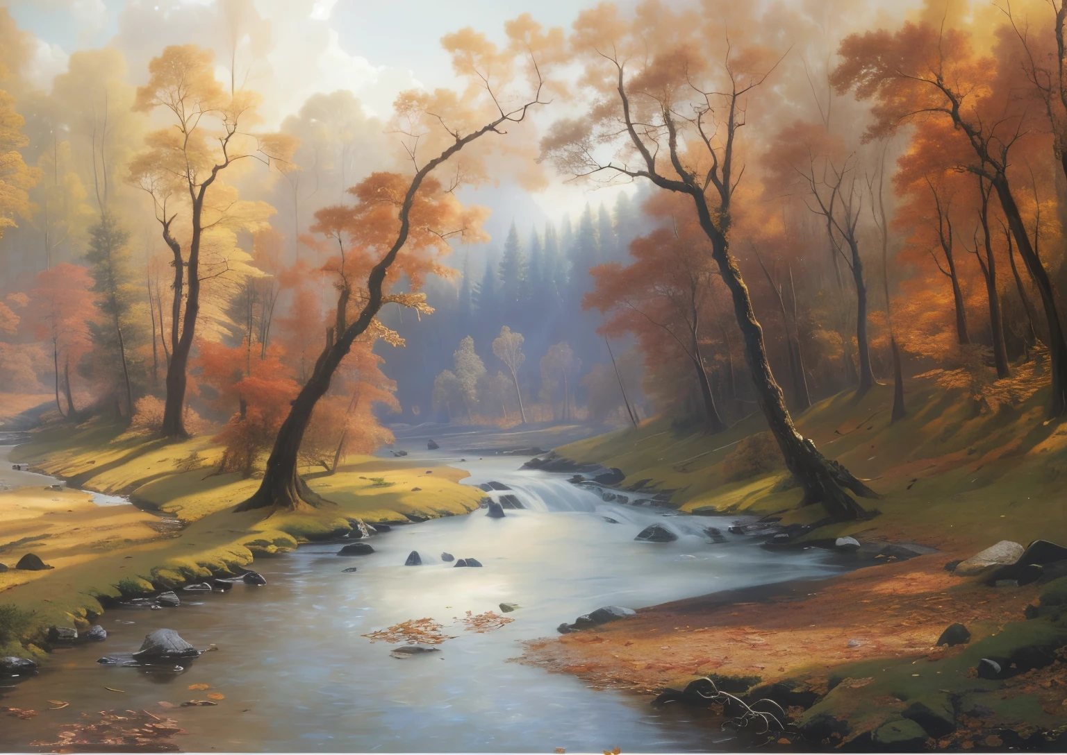 painting of a stream in a forest with trees, two tall trees, inspired by Mark Keatley, realistic, autumn landscape, autumn, ((falling leaves)), In the style of Albert Bierstadt, detailed painting 4k, inspired by Albert Bierstadt, scenery, Albert Bierstadt, Greg Rutkowski, Breathtaking Art, 3D Virtual Landscape Painting, Hyper Realistic Art, Albert Bierstadt 4K, (Beautiful Clear Trees), Atmospheric Lighting