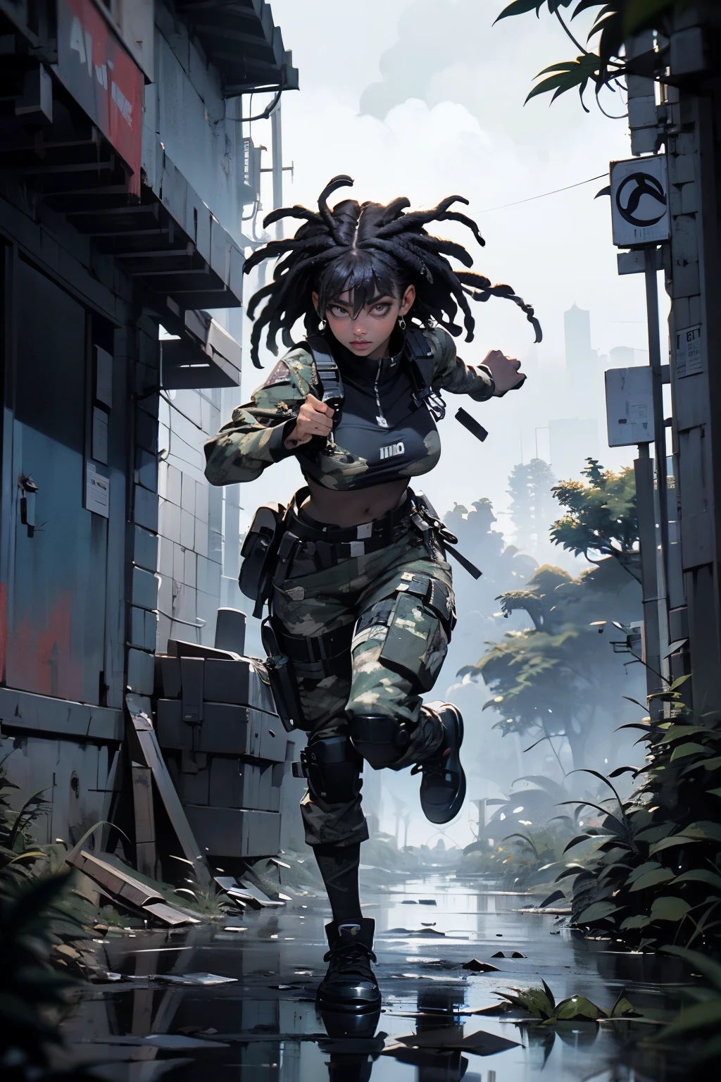 ((Best Quality)), ((Masterpiece)), (High Detail:1.3), gun in hand,beautiful (cyberpunk:1.2) rebel special forces, ((dark-skinned flat-chested Caribbean woman with thick violet dreadlocks hairstyle running through muddy dense cannabis indica forest)) in (in camouflage_uniform:1.1), cerulean digital (camouflage: 1.3), HDR (High Dynamic Range), anisotropic filtering, maximum clarity and sharpnesenacingly storming sky filled with gnarly lightening)