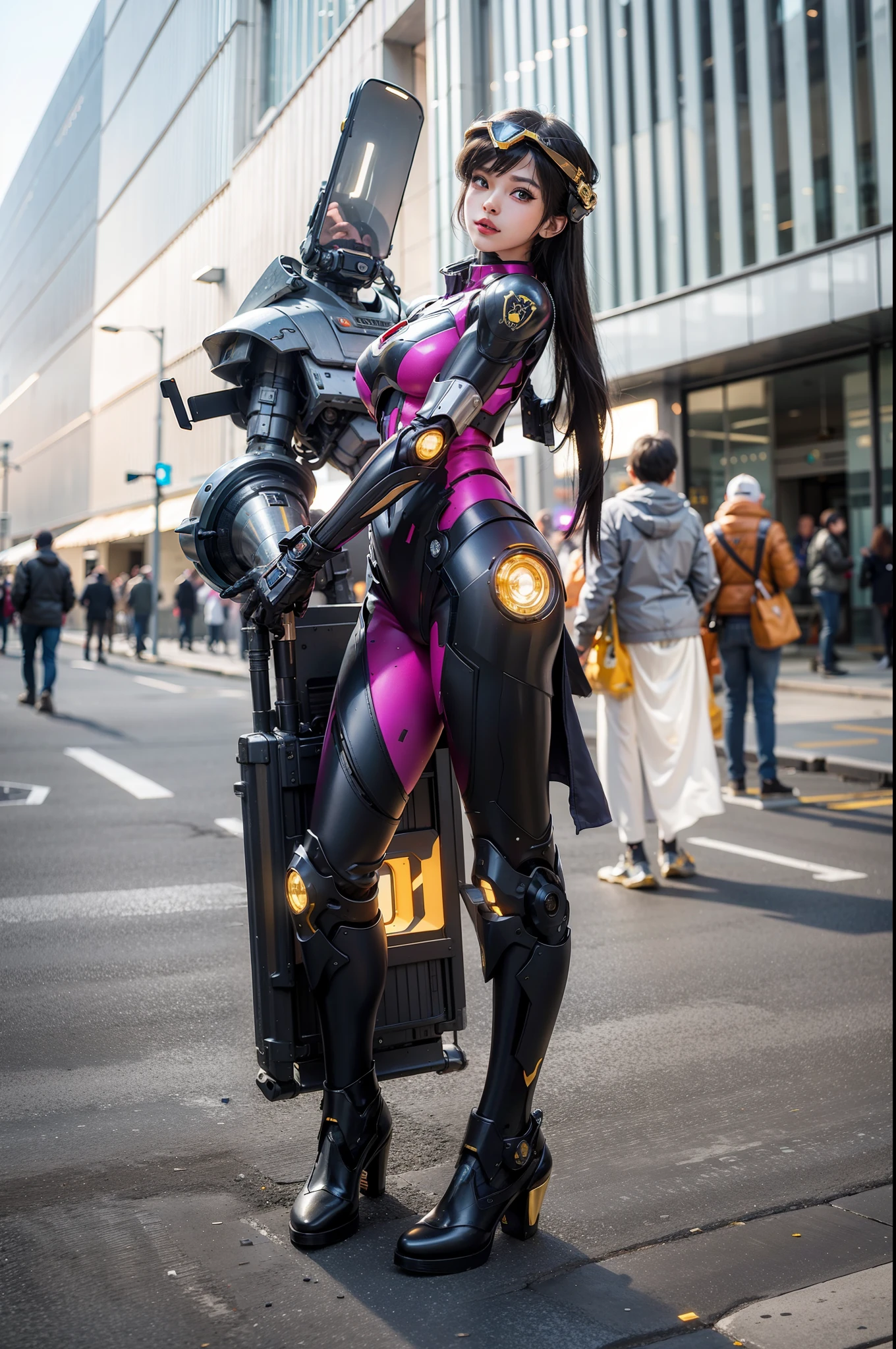 best quality,gold jewelry,fairy skin,(every time :1.2),Everlasting,super detailed,actual,high quality,lighting,Ray tracing,ultra high definition,upper body, Future Iron Man mecha，Film shooting，Battery，Launching equipment，large caliber artillery，Rostland 8k，Mecha Cyber Armored Tank Girl,Wearing a cyberpunk stamina helmet，Wearing a glowing space helmet，High-tech motorcycle helmet，Has a breathing light，The armor of the future shines，Armed electromagnetic gun，Mecha style，Ex Machina，Widowmaker Overwatch