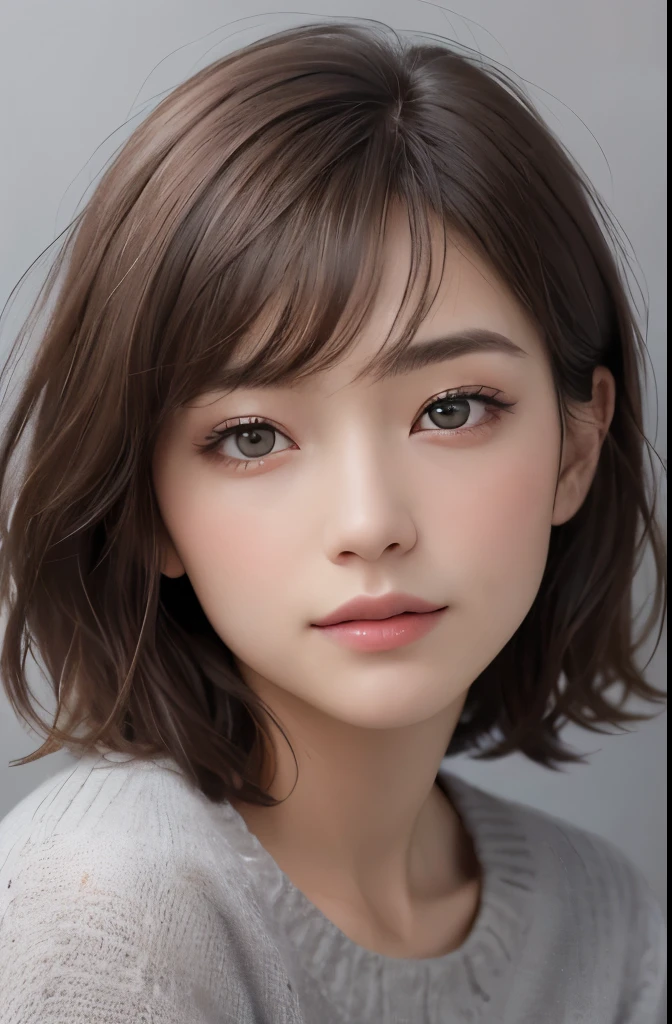 (Representative works:1.3)、(8K、photorealistic、RAW photo、Highest image quality:1.4)、(30 year old mature woman)、beautiful face、(realistic face)、(dark brown hair、short hair:1.3)、beautiful hairstyle、realistic eyes、beautiful detailed eyes、(realistic skin)、beautiful skin、(sweater)、lack of coordination、charm、ultra high resolution、Super realistic、High definition、golden ratio、cool pose、gray background