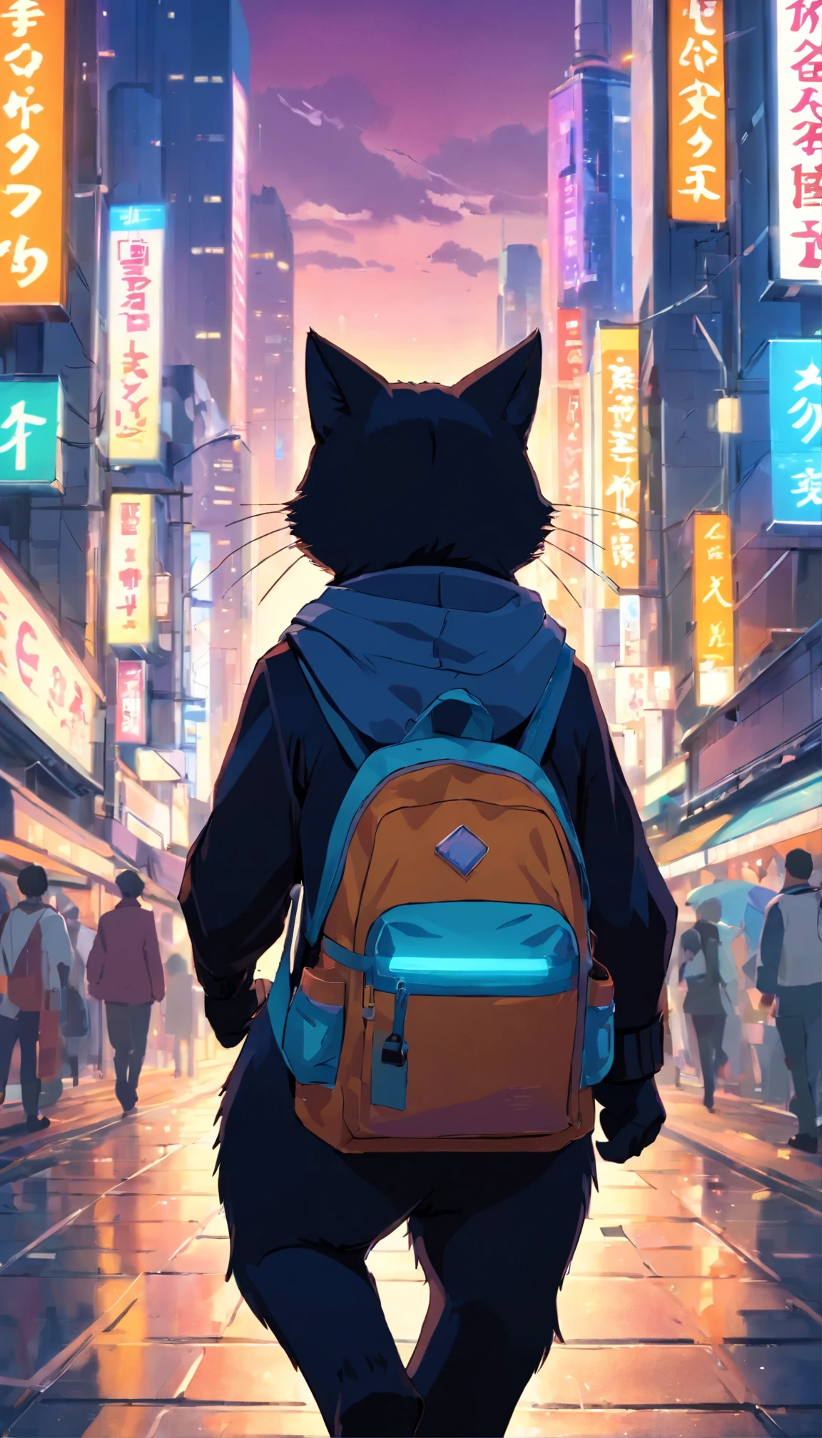 A cute black cat with a backpack on his back, walking along a busy Tokyo street, with futuristic skyscrapers and neon signs in the background.