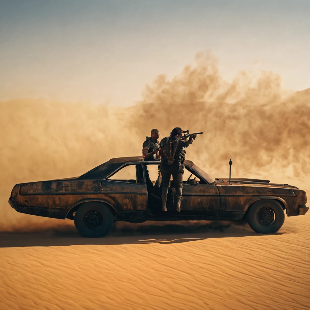 A shot of the movie Mad Max: Fury Road. epic shots . Jets of fire . The guitarist is on the hood. Race in the desert. Super quality. the smallest details. Realistic light., epic shots . Jets of fire . Race in the desert. showcasing the elaborate set and vehicles mid-action surrounded by crew and equipment, light reflecting off metal surfaces with dust swirling through beams of sunlight, composition balanced by the rule of thirds, every detail from the costumes to the expressions rendered in ultrahigh definition, ultra-rendered, perfect composition, intricate detail, octane render, 8K resolution, photorealistic, soft volumetric cinematic lighting, chiaroscuro effect .Best quality,4k,8k,High resolution,masterpiece:1.2,ultra detailed,realistic,photorealistic:1. 37,spectacular lighting,soft focus,high contrast,sandy texture,long shadows,gloomy film,emotional intensity,,expressionist,cinematic atmosphere,, Deep depth of field,,spectacular composition,iconic shots,storytelling through visual effects,character-based narrative,mysterious atmosphere,artistic film style,rich tonal range, 