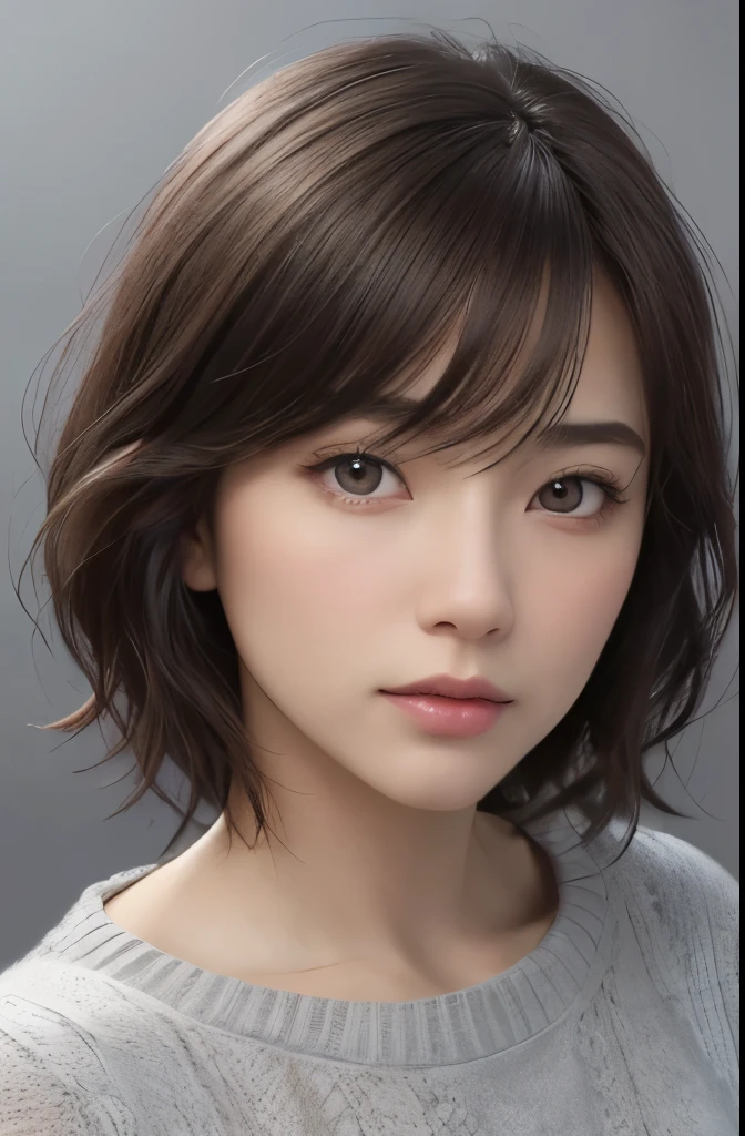 (Representative works:1.3)、(8K、photorealistic、RAW photo、Highest image quality:1.4)、(30 year old mature woman)、beautiful face、(realistic face)、(dark brown hair、short hair:1.3)、beautiful hairstyle、realistic eyes、beautiful detailed eyes、(realistic skin)、beautiful skin、(sweater)、lack of coordination、charm、ultra high resolution、Super realistic、High definition、golden ratio、cool pose、gray background