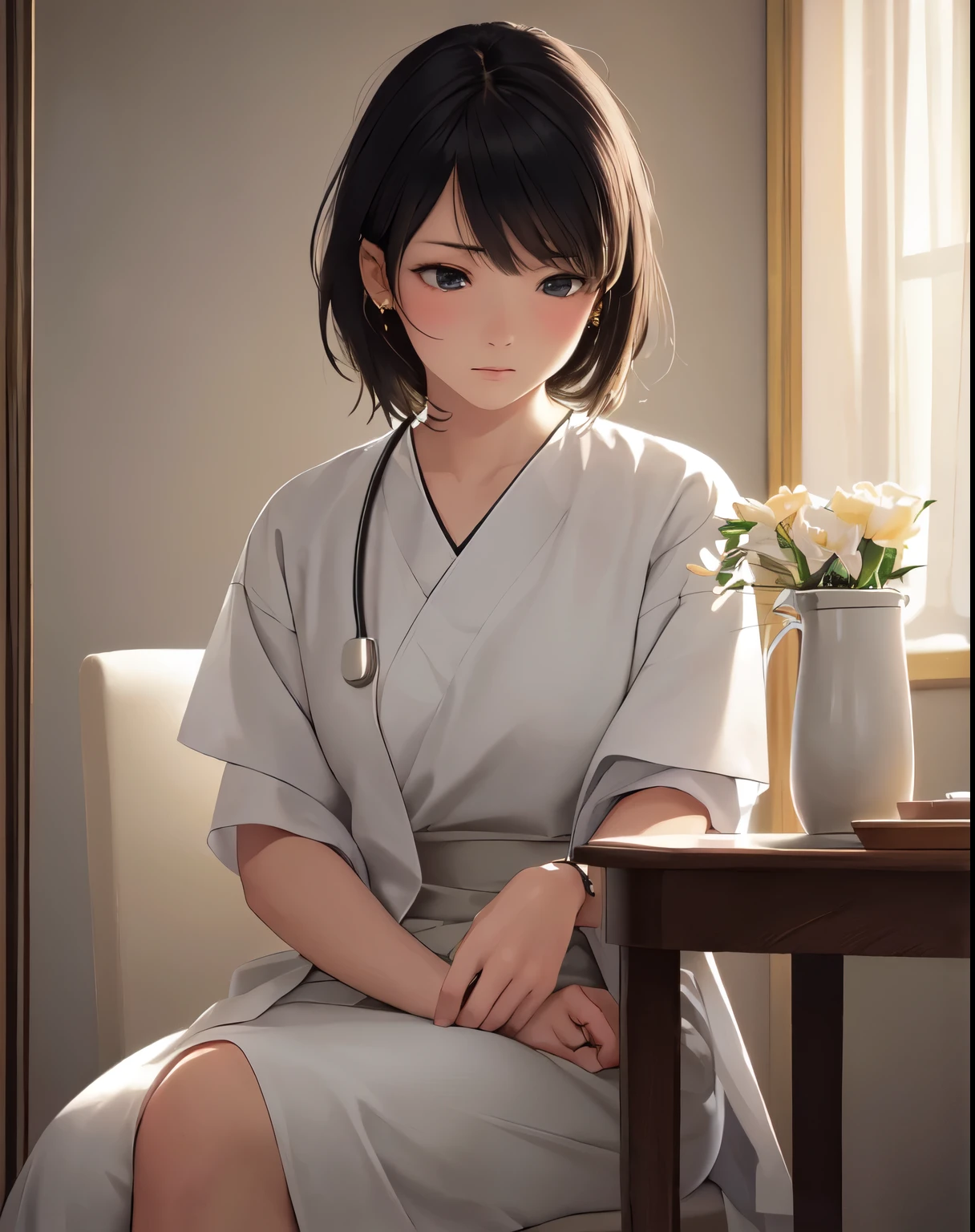 (best quality,4k,8k,highres,masterpiece:1.2), ultra-detailed, (realistic,photorealistic,photo-realistic:1.37), traditional, oil painting, fine details, vibrant colors, elegant lighting, soft shadows, portraits, Shizuka Mikazuki, young girl, sitting alone, facing the viewers, short hair, black hair, white attire, piercing gaze, pensive expression, in a hospital setting
