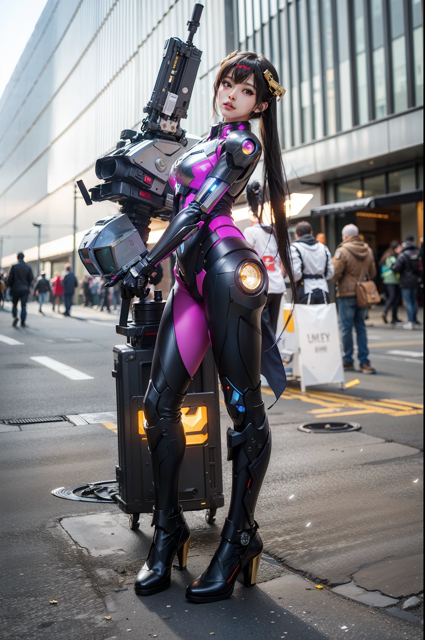 best quality,gold jewelry,fairy skin,(every time :1.2),Everlasting,super detailed,actual,high quality,lighting,Ray tracing,ultra high definition,upper body, Future Iron Man mecha，Film shooting，Battery，Launching equipment，large caliber artillery，Rostland 8k，Mecha Cyber Armored Tank Girl,Wearing a cyberpunk stamina helmet，Wearing a glowing space helmet，High-tech motorcycle helmet，Has a breathing light，The armor of the future shines，Armed electromagnetic gun，Mecha style，Ex Machina，Widowmaker Overwatch