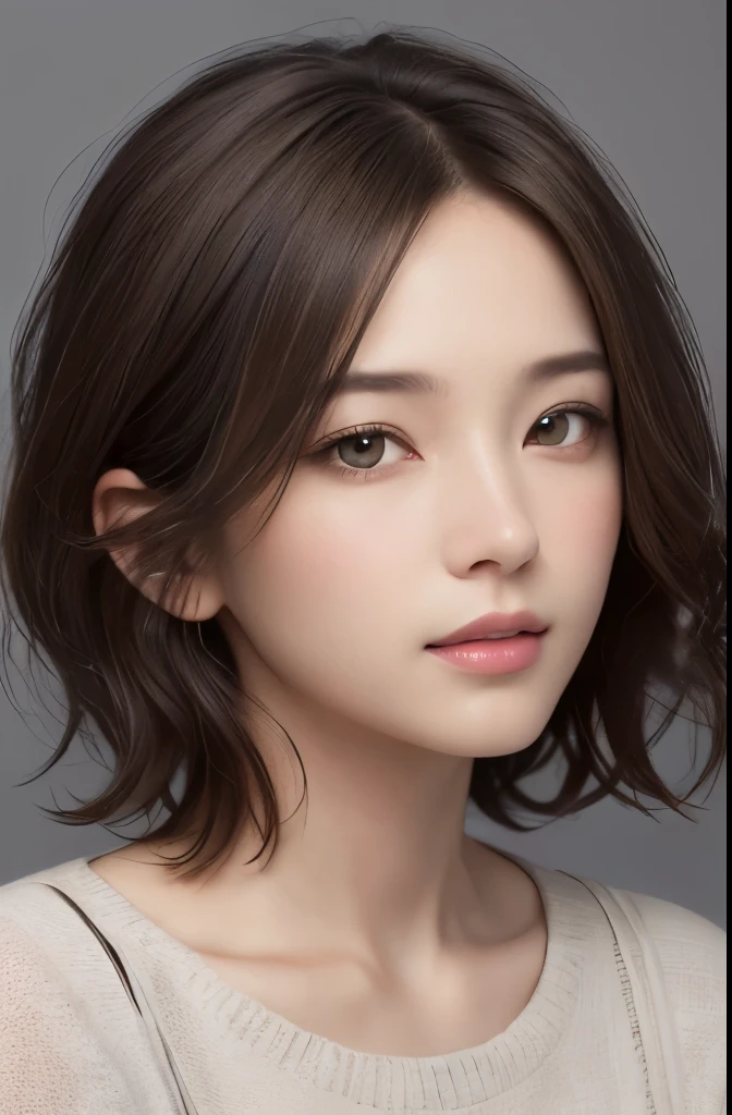 (Representative works:1.3)、(8K、photorealistic、RAW photo、Highest image quality:1.4)、(30 year old mature woman)、beautiful face、(realistic face)、(dark brown hair、short hair:1.3)、beautiful hairstyle、realistic eyes、beautiful detailed eyes、(realistic skin)、beautiful skin、(sweater)、lack of coordination、charm、ultra high resolution、Super realistic、High definition、golden ratio、cool pose、gray background