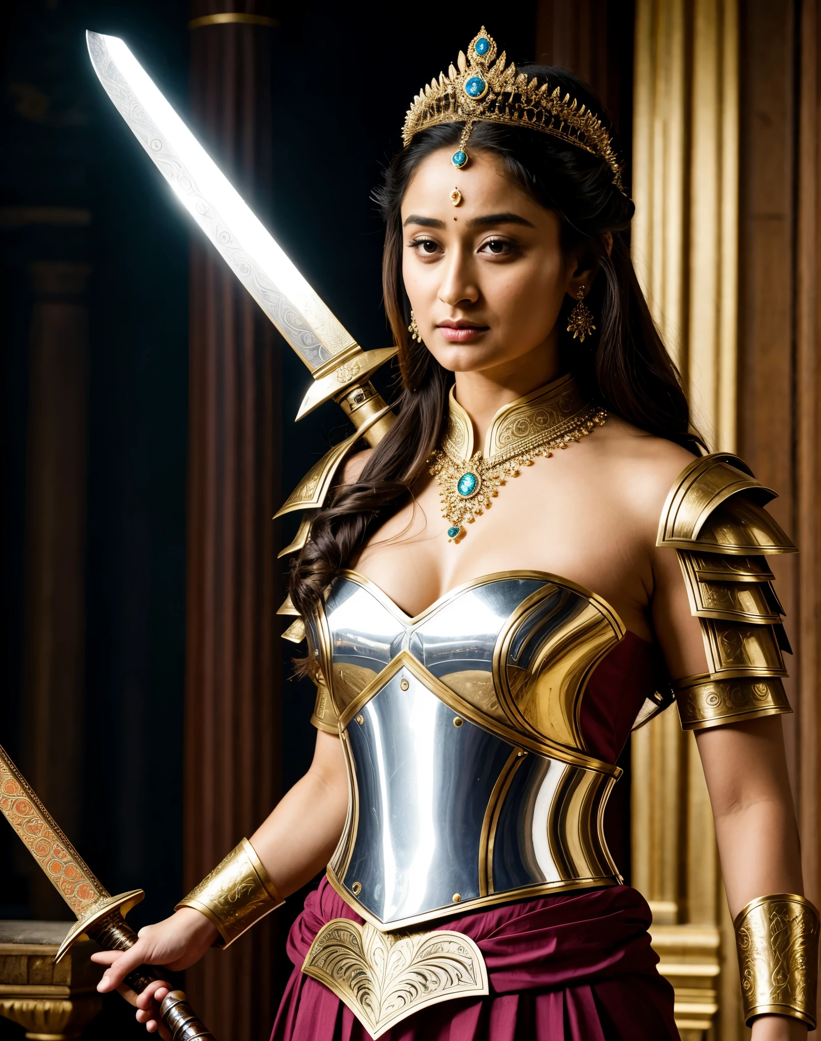 Looks Like Actress Tridha Chaudhary , "Design an illustration of a stunning and powerful warrior queen with a regal presence. She should possess a combination of strength and grace. Imagine her in ornate, yet practical armor that complements her figure. The armor should be adorned with intricate details and symbols representing her royal lineage and warrior prowess. Her weapon of choice could be a unique and elegant sword or a mythical weapon that reflects her status as a formidable leader.
Her facial features should exude confidence and determination, with piercing eyes that convey both fierceness and wisdom. The queen's hair, whether long or short, should flow dynamically, hinting at her movement in battle. Consider incorporating elements that emphasize her connection to nature or a mythical realm, such as ethereal backgrounds, symbolic animals, or mystical symbols.
Pay attention to the color palette; use rich, bold colors that enhance her royal aura. Experiment with lighting to highlight specific details and create a sense of drama. Ensure that her posture and expression capture the essence of a queen who commands respect and admiration. Feel free to draw inspiration from historical warrior queens or fictional characters, blending elements to create a unique and captivating image."