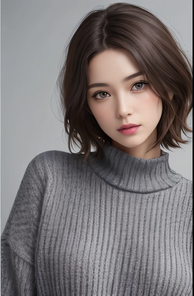 (Representative works:1.3)、(8K、photorealistic、RAW photo、Highest image quality:1.4)、(30 year old mature woman)、beautiful face、(realistic face)、(dark brown hair、short hair:1.3)、beautiful hairstyle、realistic eyes、beautiful detailed eyes、(realistic skin)、beautiful skin、(sweater)、lack of coordination、charm、ultra high resolution、Super realistic、High definition、golden ratio、cool pose、gray background