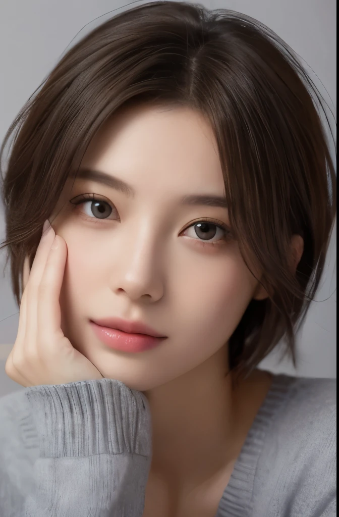 (Representative works:1.3)、(8K、photorealistic、RAW photo、Highest image quality:1.4)、(30 year old mature woman)、beautiful face、(realistic face)、(dark brown hair、short hair:1.3)、beautiful hairstyle、realistic eyes、beautiful detailed eyes、(realistic skin)、beautiful skin、(sweater)、lack of coordination、charm、ultra high resolution、Super realistic、High definition、golden ratio、cool pose、gray background