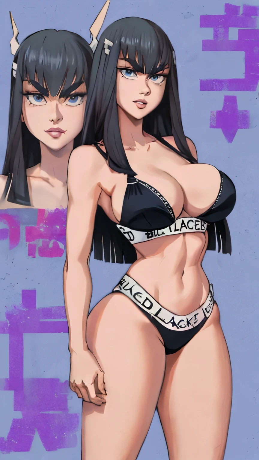 1girl, kiryuin, (black hair :1.3), hair between eyes, black hair, sideburns, gray eyes, lips, cleavage, big breasts, solo, lips, masterpiece, best quality, bare breasts, naked breasts, gigantic breasts, bimbo, ass, full body, blacked, blacked underwear, wide hips, killa la kill, kiryuin satsuki