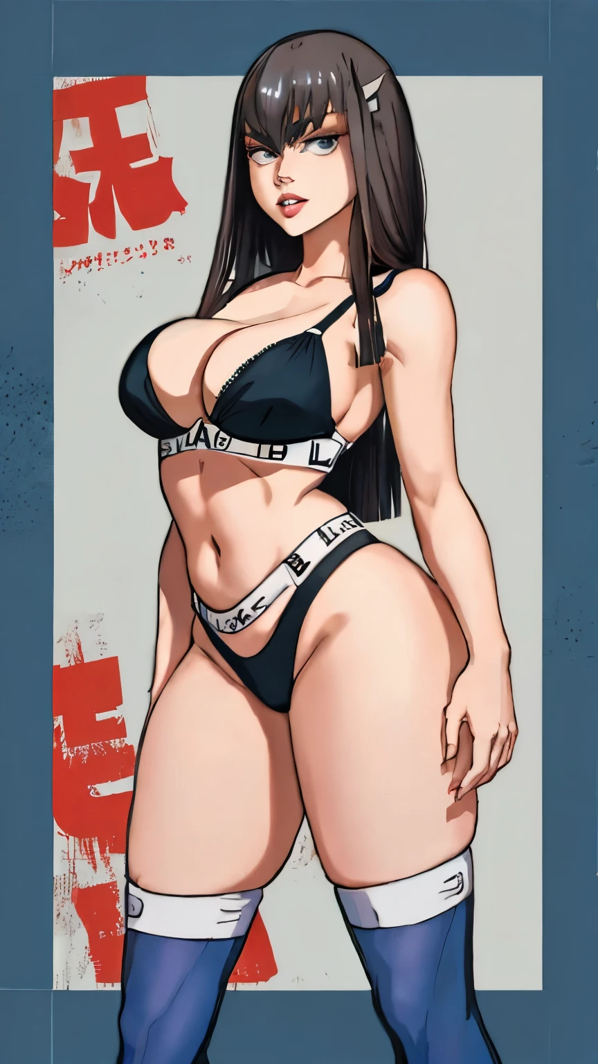 1girl, kiryuin, (black hair :1.3), hair between eyes, black hair, sideburns, gray eyes, lips, cleavage, big breasts, solo, lips, masterpiece, best quality, bare breasts, naked breasts, gigantic breasts, bimbo, ass, full body, blacked, blacked underwear, wide hips, killa la kill, kiryuin satsuki