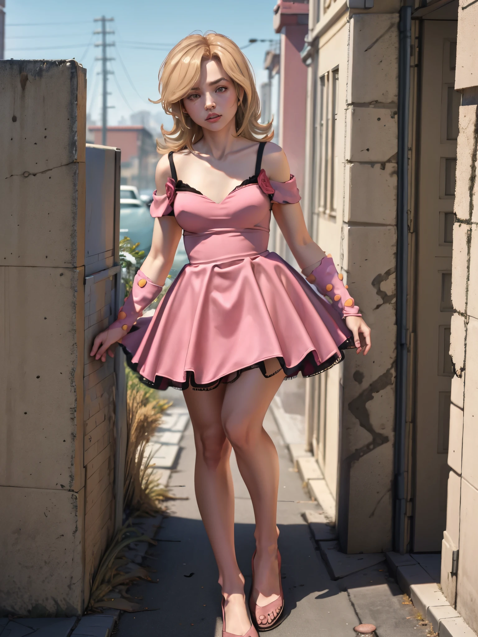 (masterpiece, best quality:1.2), solo, 1girl, giantess, lucysteel, pink dress, blonder hair, walking in California