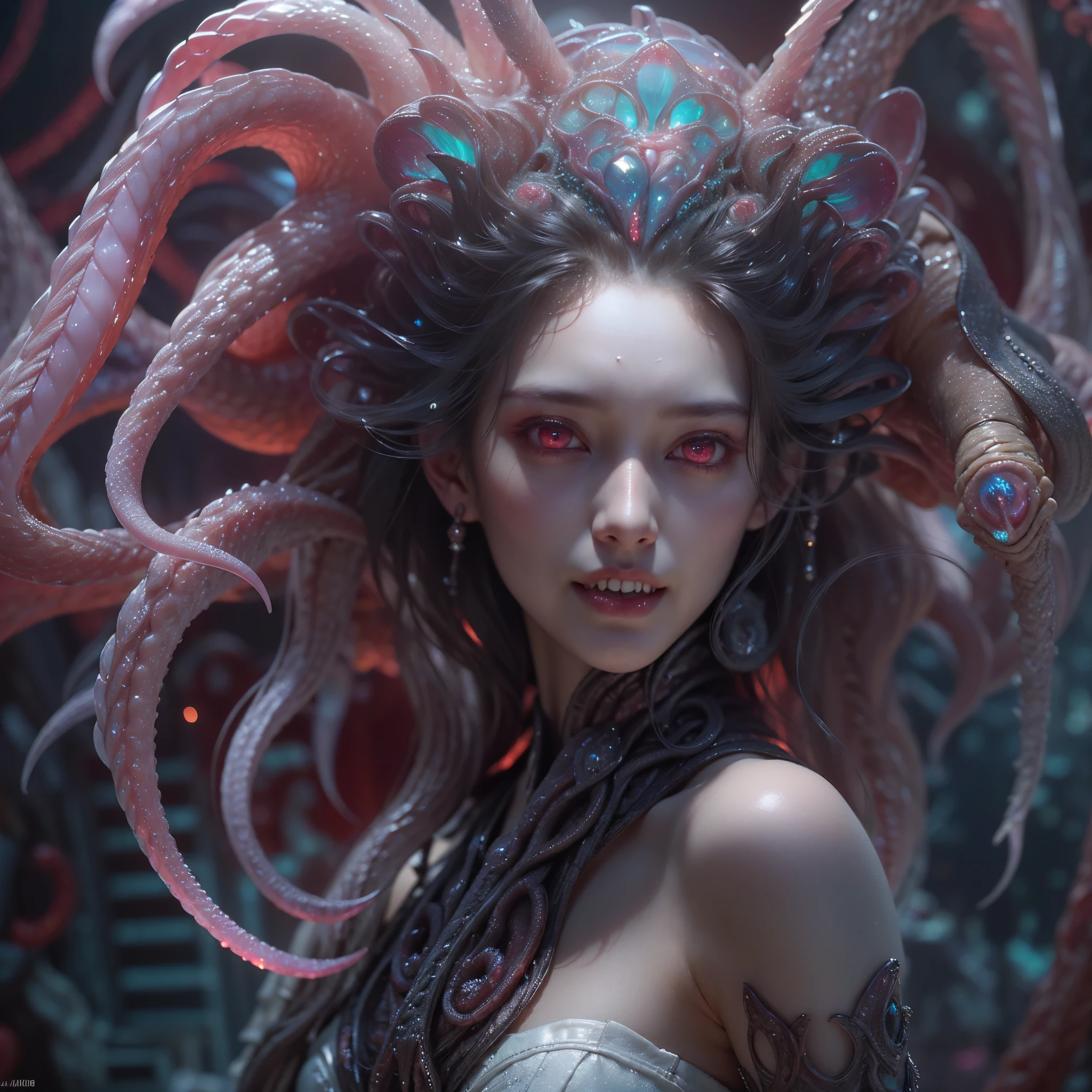 a very beautiful savage symmetric girl with squid embedded into her hair, fantastic forest, fantasy, ghosts, surrounded by roots, portrait, sharp focus, intricate, elegant, digital painting, artstation, matte, highly detailed, concept art, illustration, ambient lighting, (art by ilya kuvshinov, artgerm, alphonse mucha, and greg rutkowski:1.1), midsonmar  <lora:PastelPunkXL:0.58> <lora:Particles_Style_SDXL:0.68> ais-particlez, subsurface scattering, Photorealistic, Hyperrealistic, analog style, realistic, film photography, soft lighting, heavy shadow